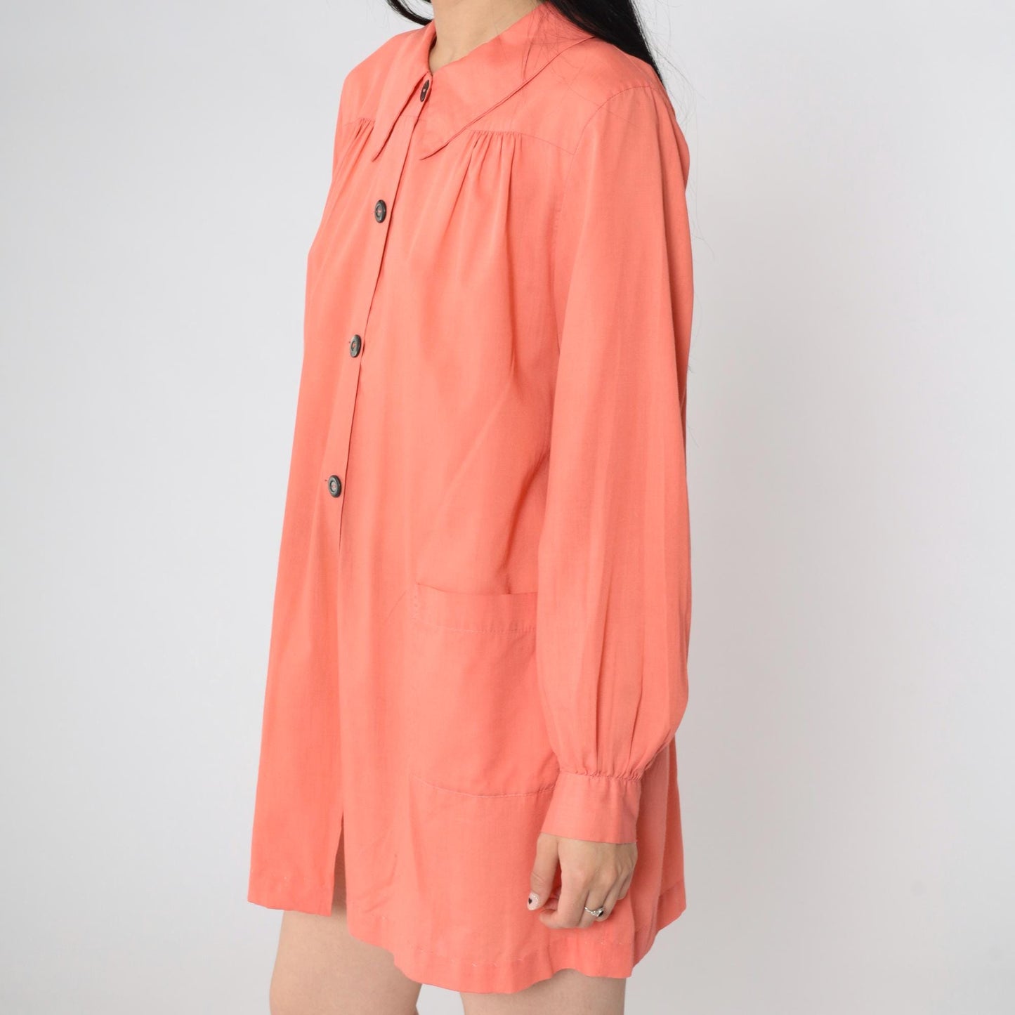 80s Coral Pink Smock Dress Peter Pan Collar Button-Up Shirtdress Small