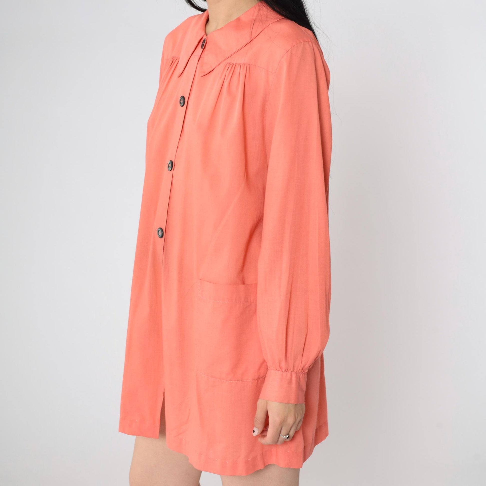 80s Coral Pink Smock Dress Peter Pan Collar Button-Up Shirtdress Small