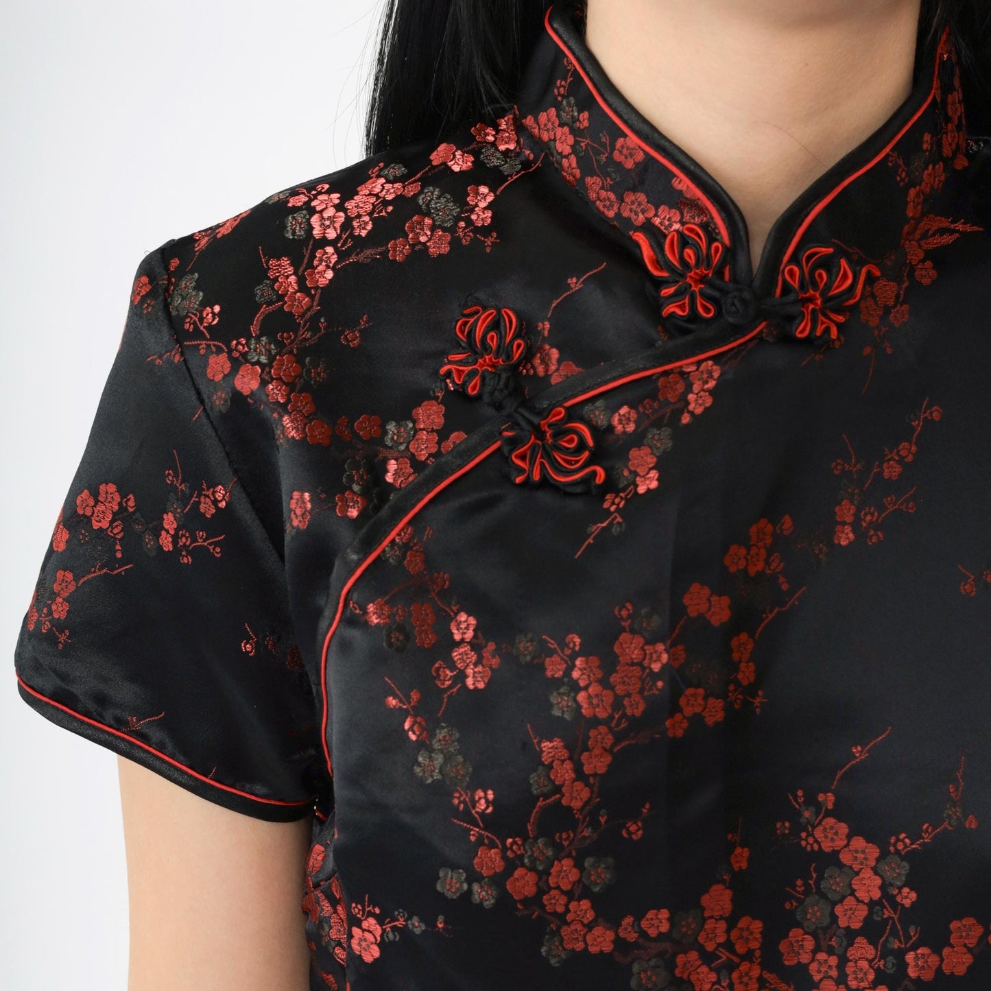 90s Black Satin Cheongsam Red Floral Jacquard Qipao Mini Dress Medium