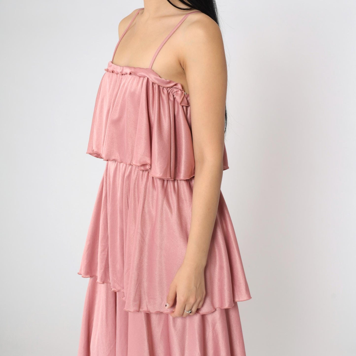 70s Tiered Disco Dress Pink Spaghetti Strap Midi Elastic Waist Medium