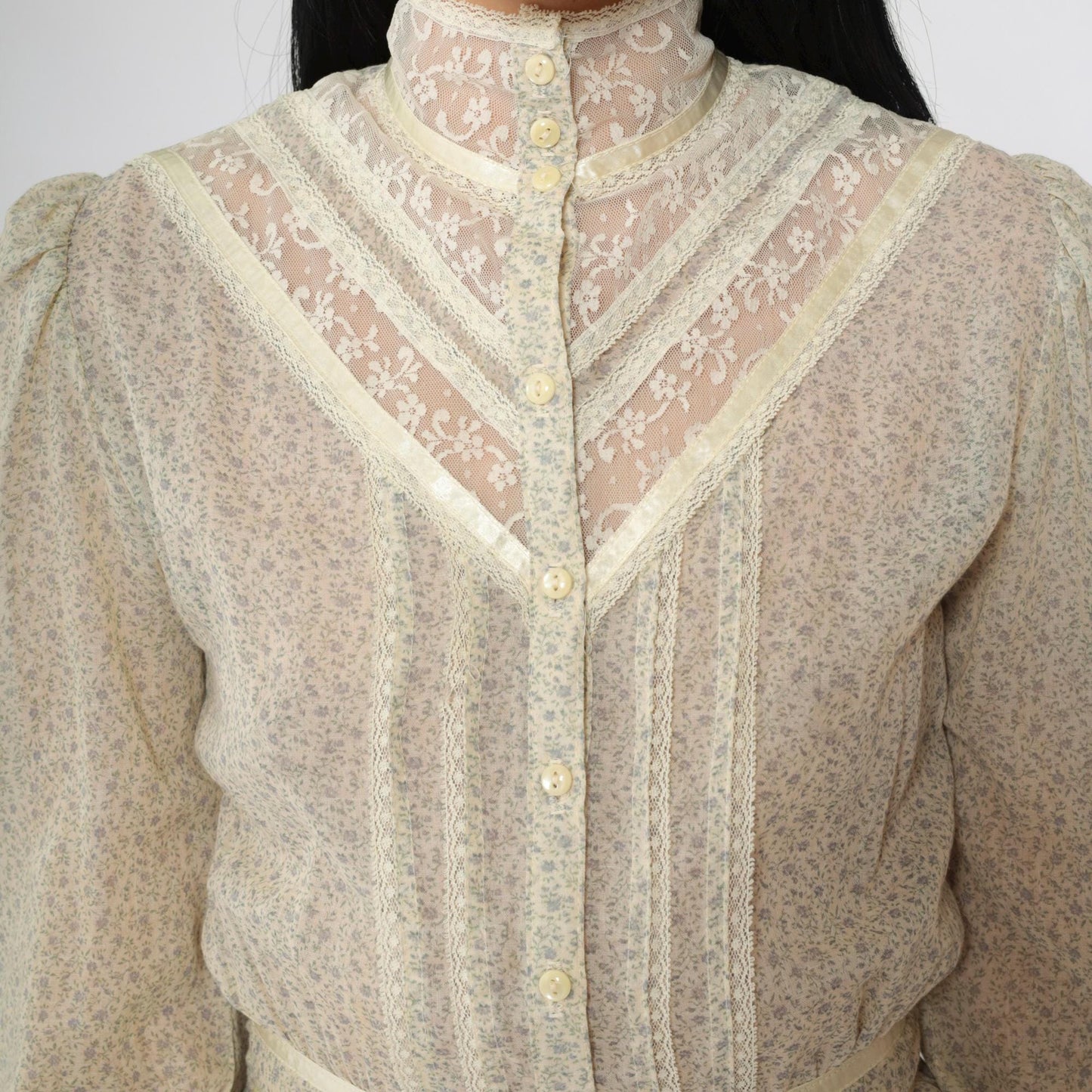 70s Gunne Sax Floral Calico Midi Dress Cream Puff Sleeve Lace Extra Small