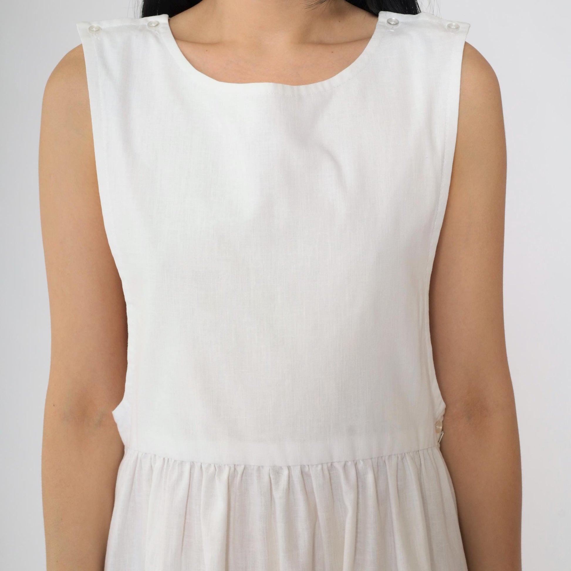 80s White Pinafore Midi Dress High Waist Low Armhole Sleeveless Medium