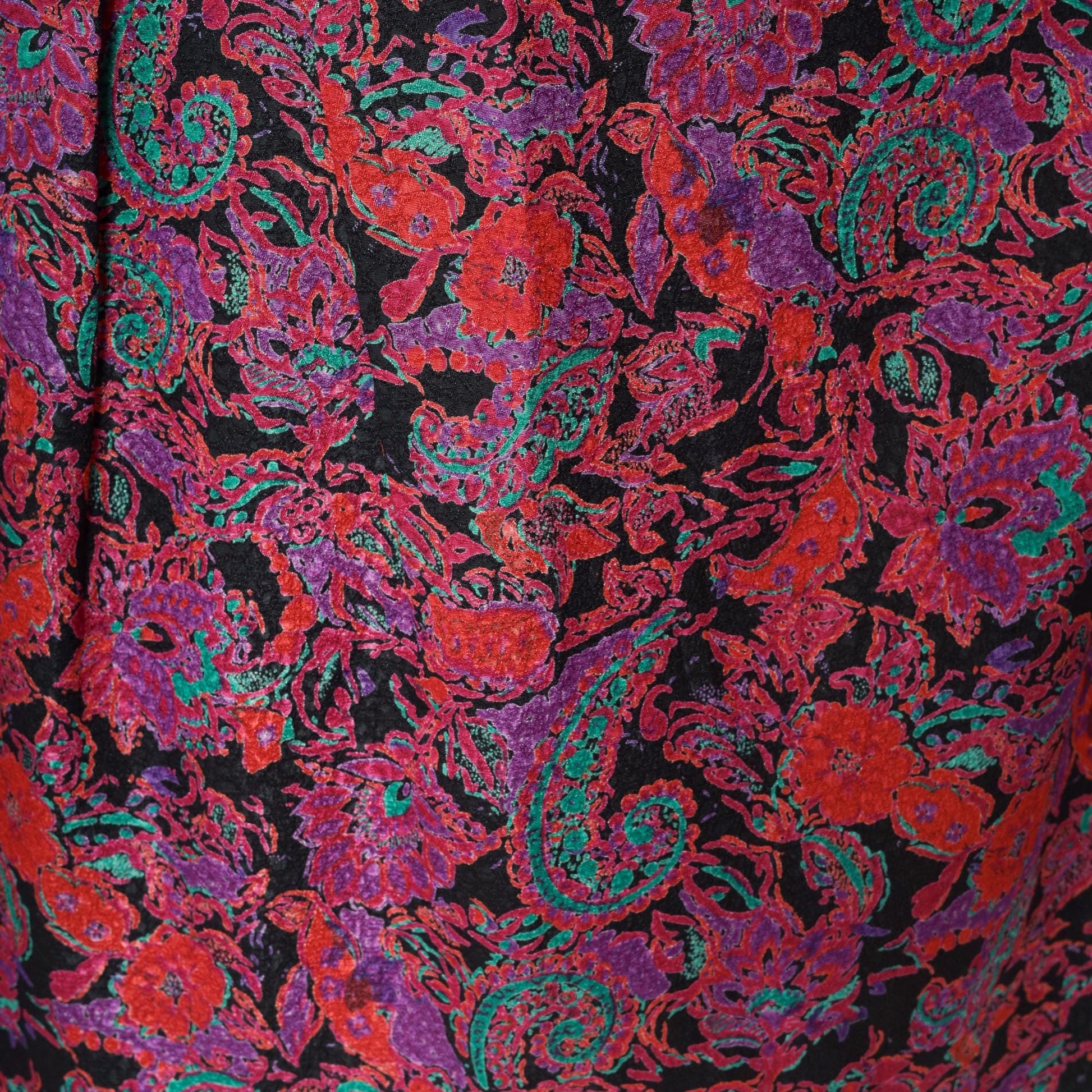 80s Paisley Floral Jacquard A-Line Midi Skirt Red Purple Elastic Waist Small Medium