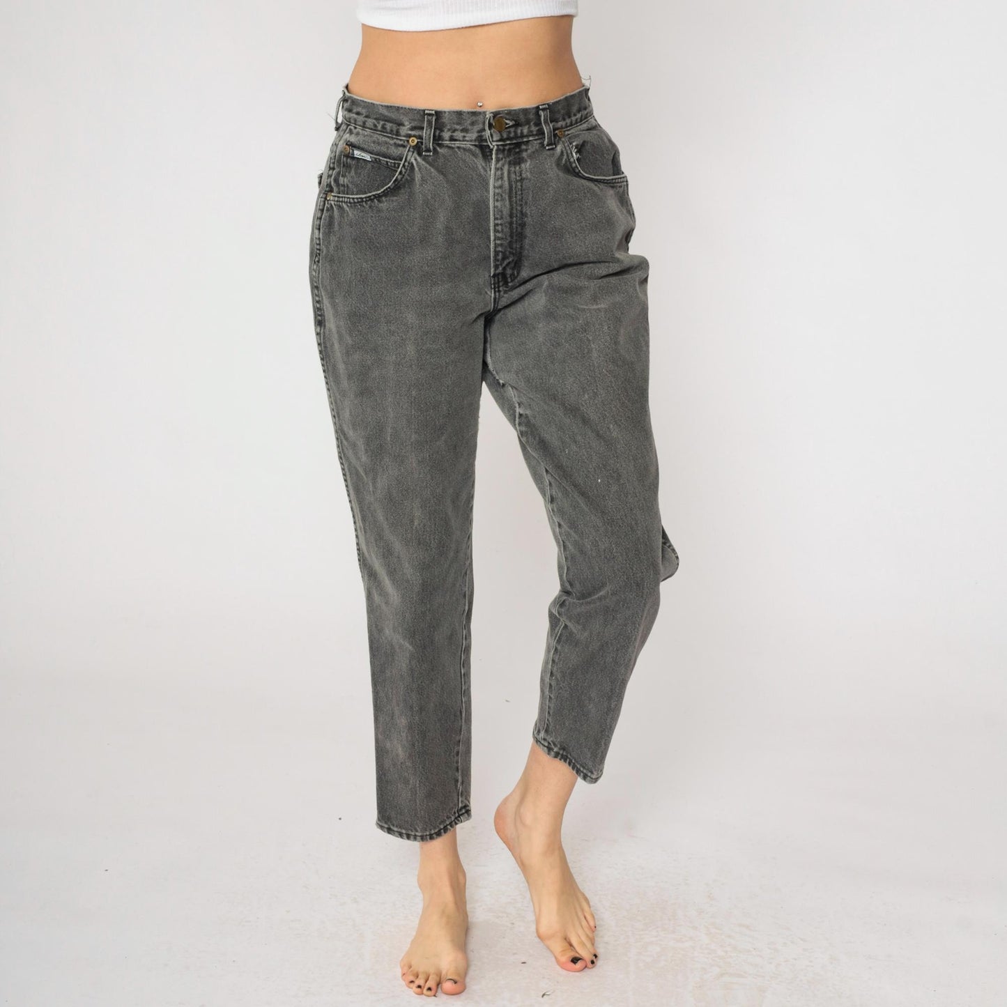 90s Chic Faded Black High-Waisted Tapered Jeans Medium