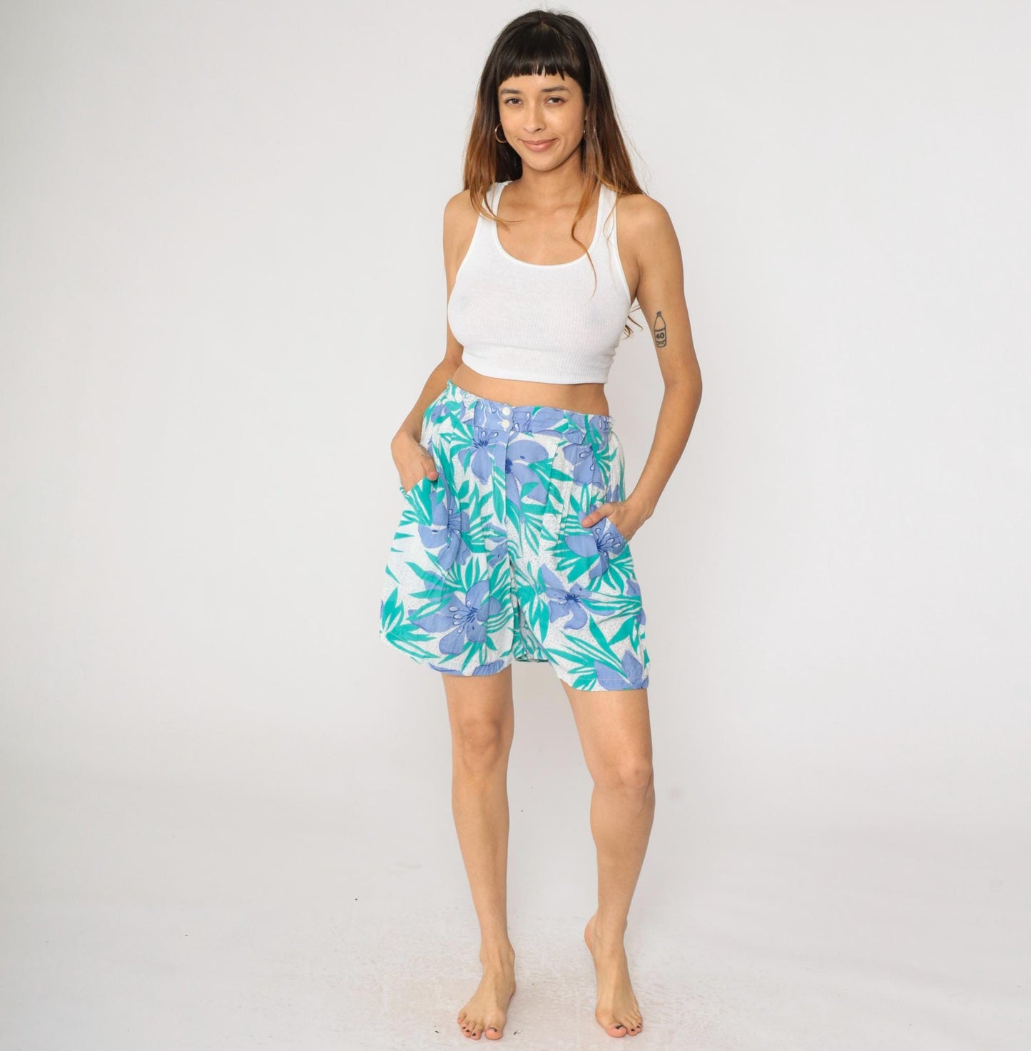90s New Aura Floral Shorts Teal Periwinkle High Waisted Pleated Rayon Small