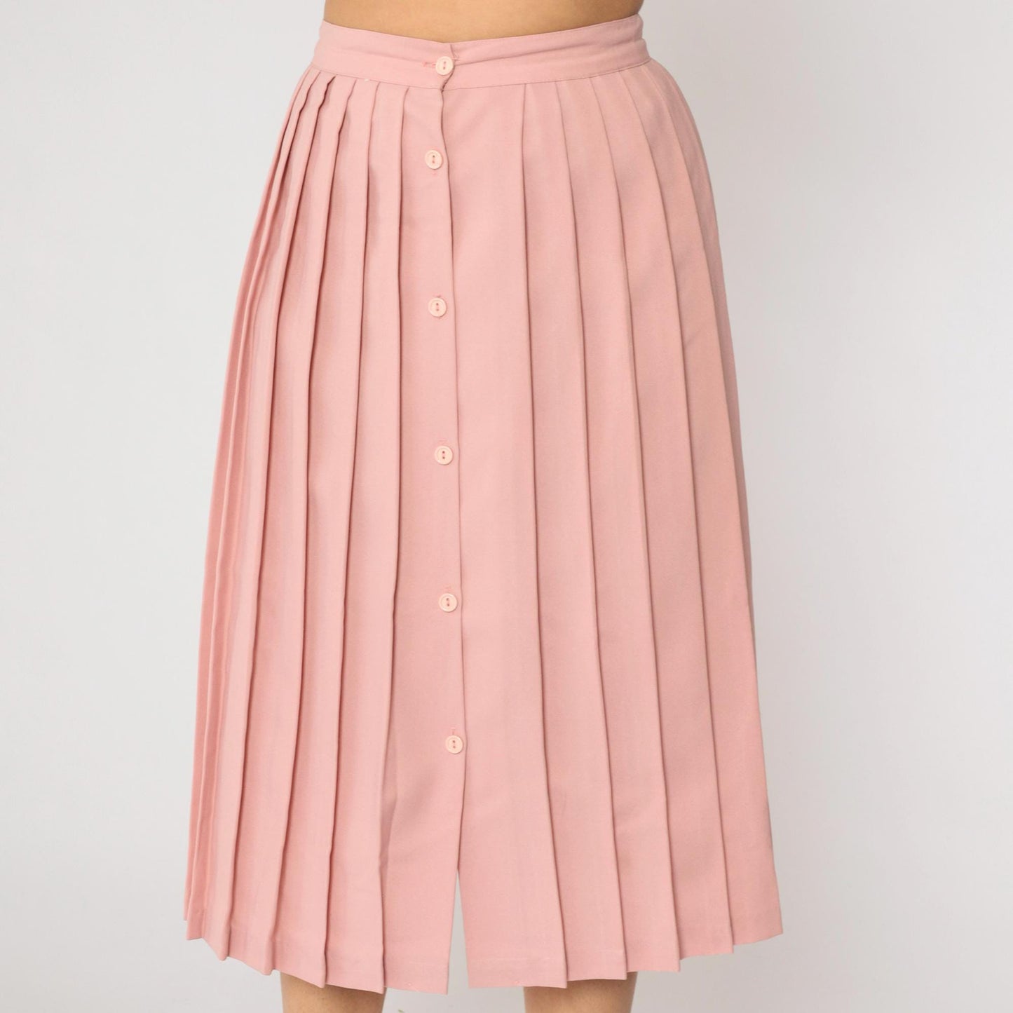 80s Nine to Five Pink Pleated Midi Skirt Button Front High Waist Small