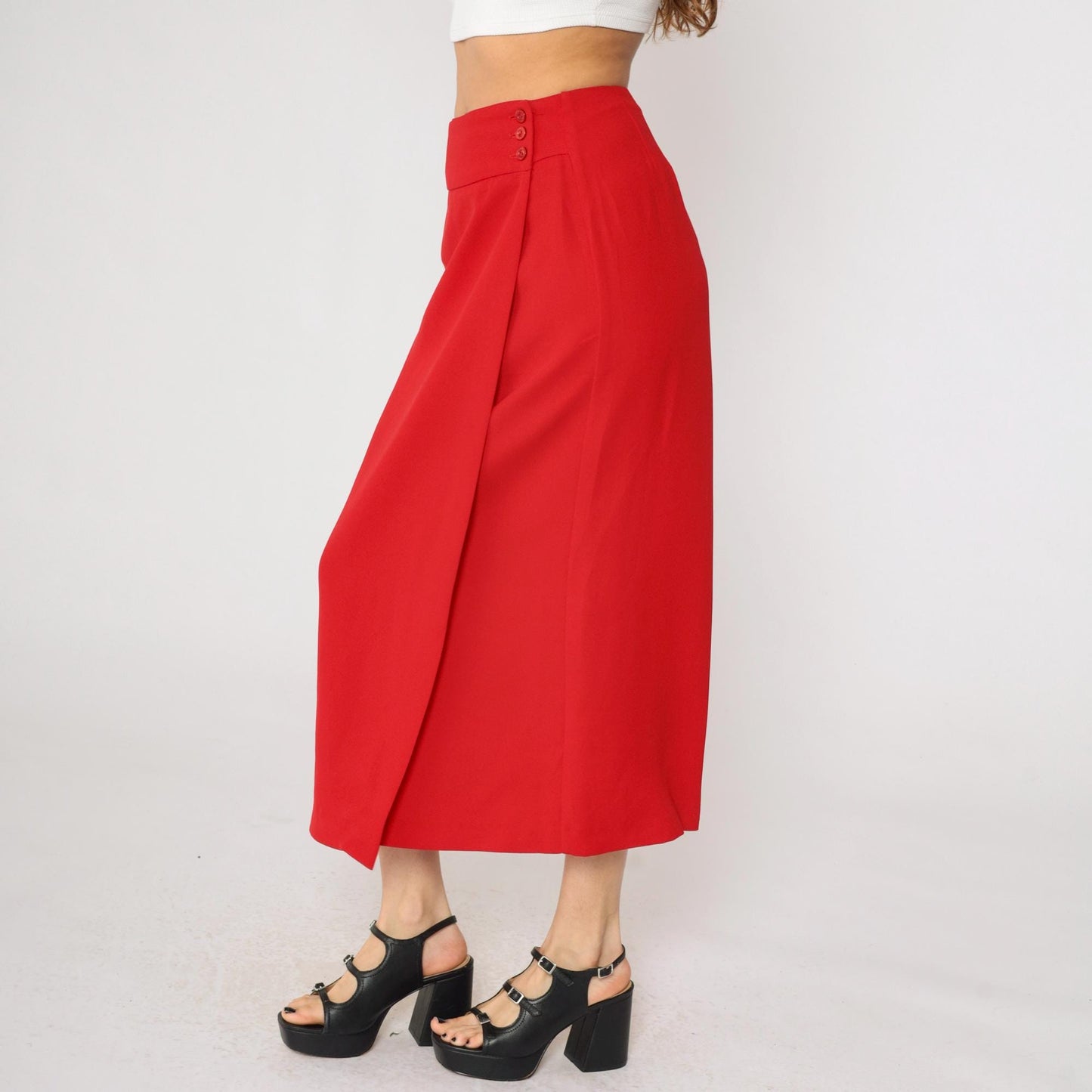 90s Red Faux Wrap Skirt High Waist Straight Midi Ankle Length Medium 8
