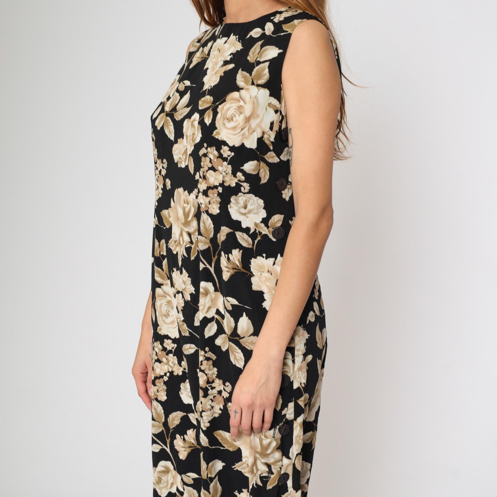 90s R & K Originals Black Floral Rose Midi Dress Sleeveless High Neck Medium 10