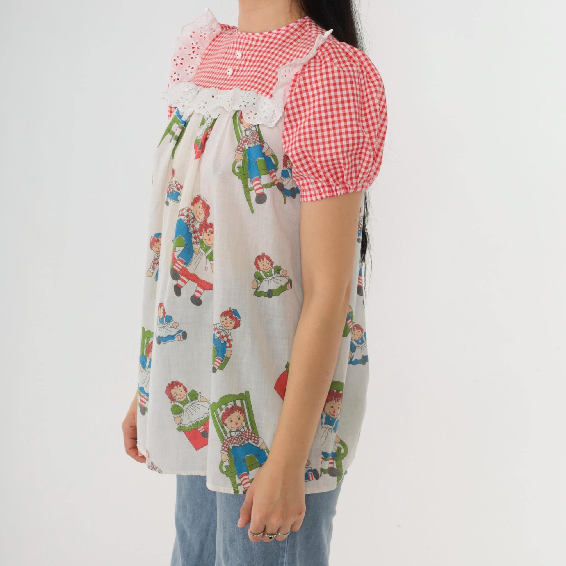 70s Raggedy Ann Pajama Shirt White Red Gingham Eyelet Puff Sleeve XXS