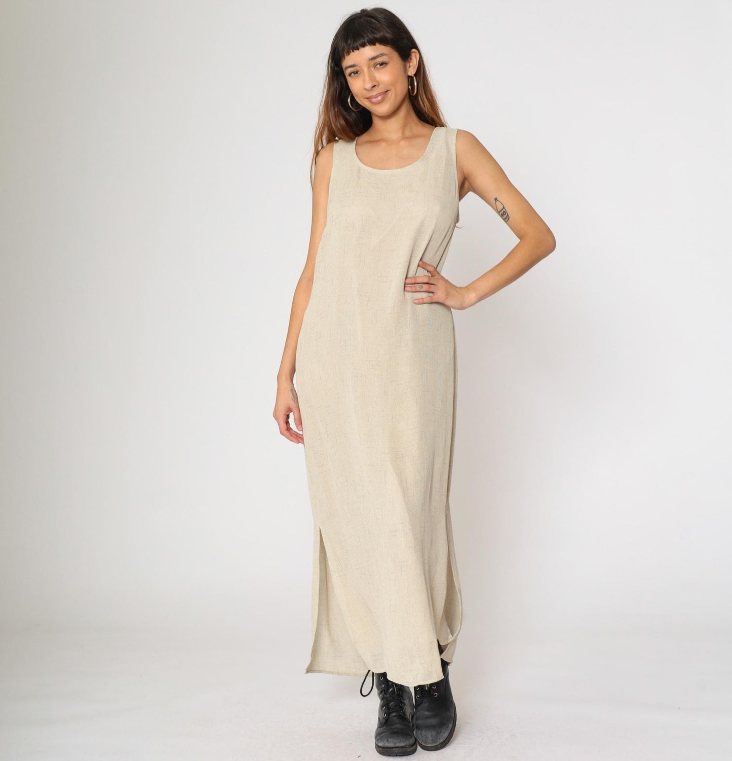 90s Dressbarn Beige Maxi Dress Sleeveless Scoop Neck Side Slit Large
