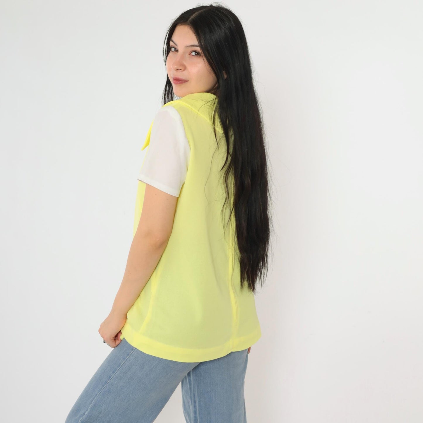 1960s Mod Yellow Pointed Collar Blouse Short Sleeve Layered Vest Pocket Top Medium M