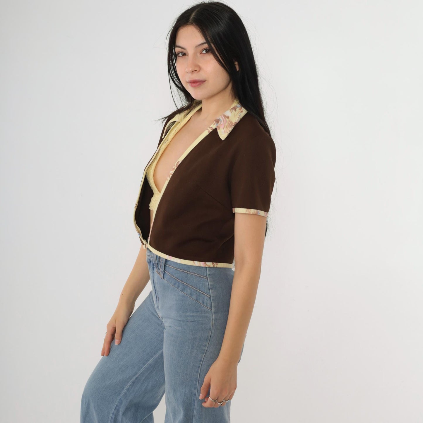 70s Brown Open Front Jacket Yellow Floral Trim Short Sleeve Medium