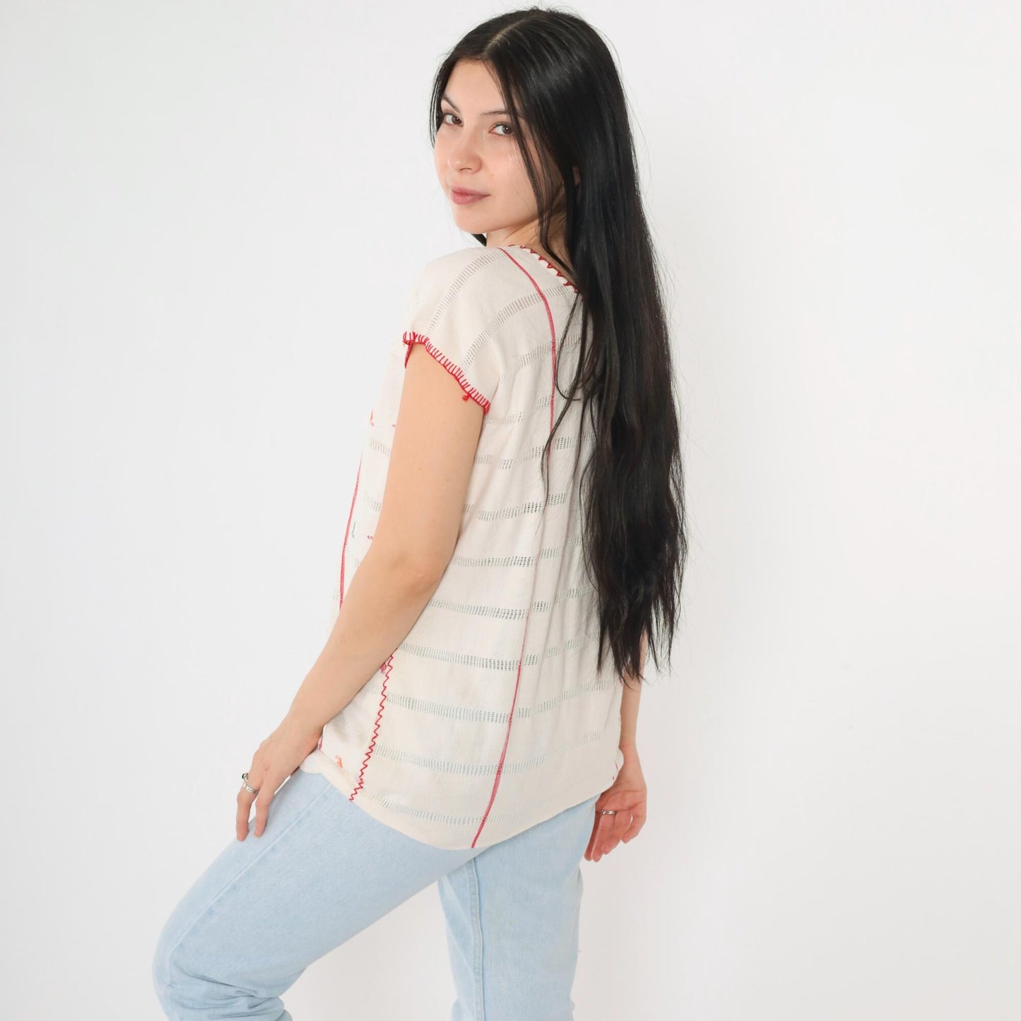 90s Mexican Embroidered Blouse Cream Geometric Cutwork Tunic Small