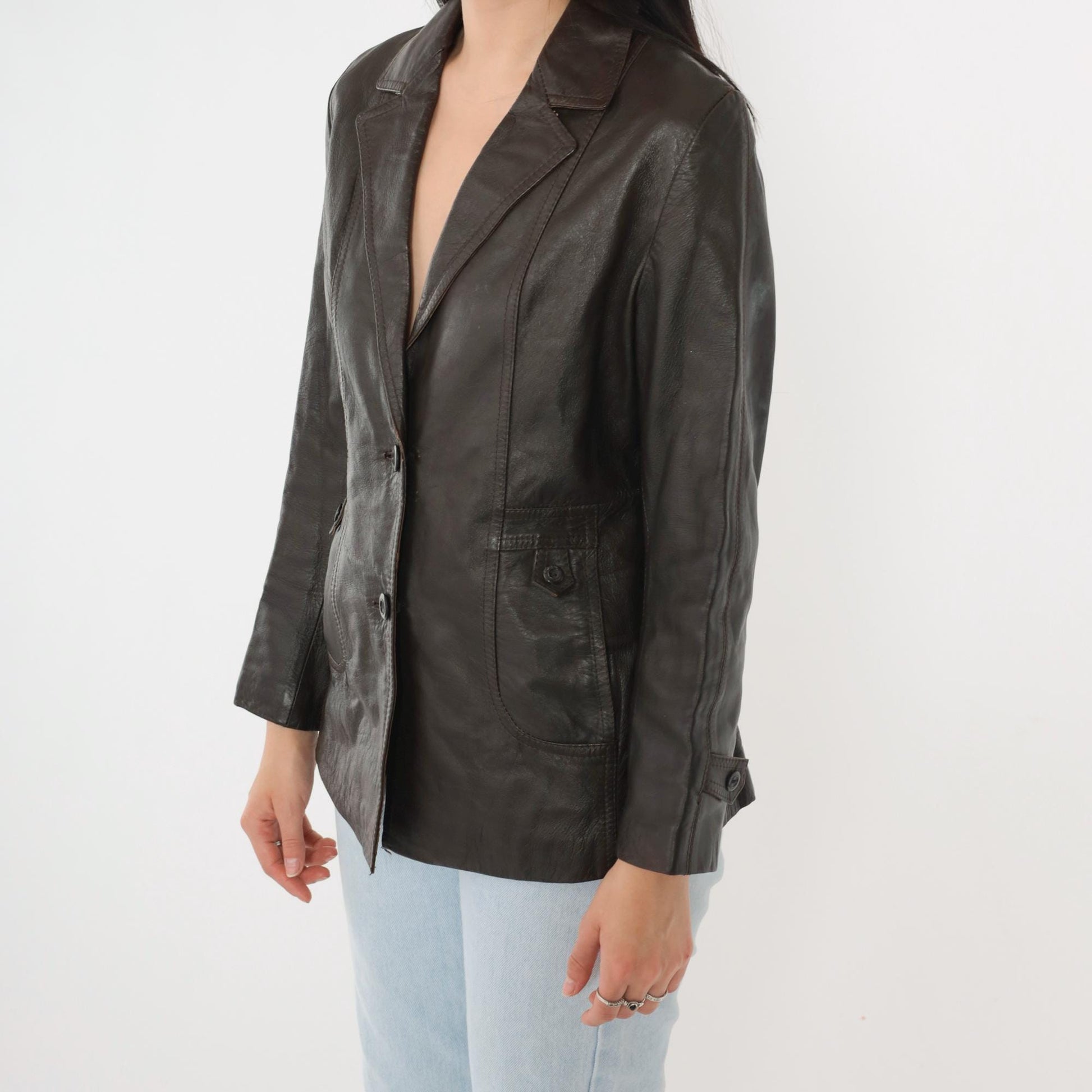 70s Golden Leaf Brown Leather Blazer V-Neck Tailored Jacket Small
