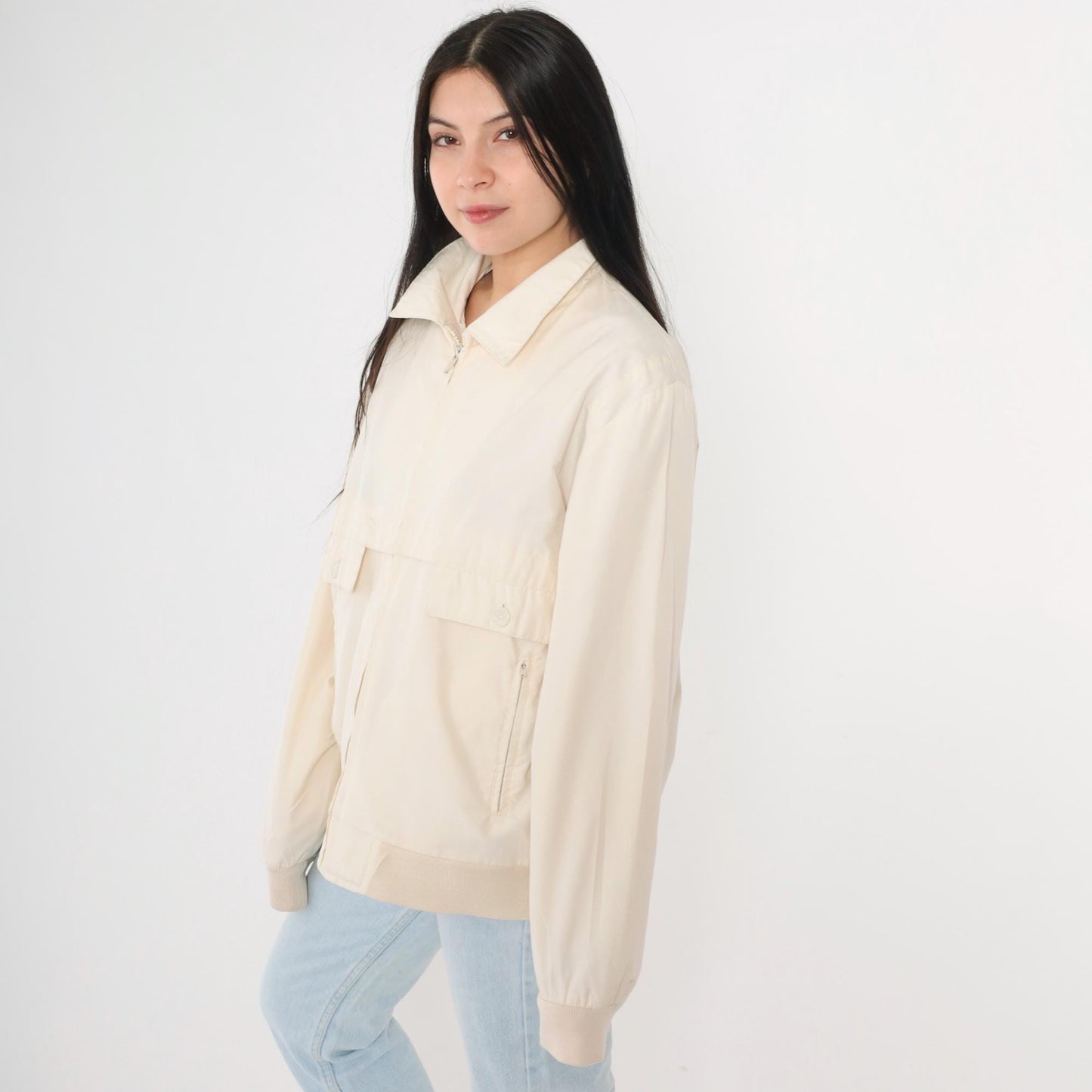 80s Christopher Rand Cream Windbreaker Jacket Plaid Lined Knit Cuff Medium