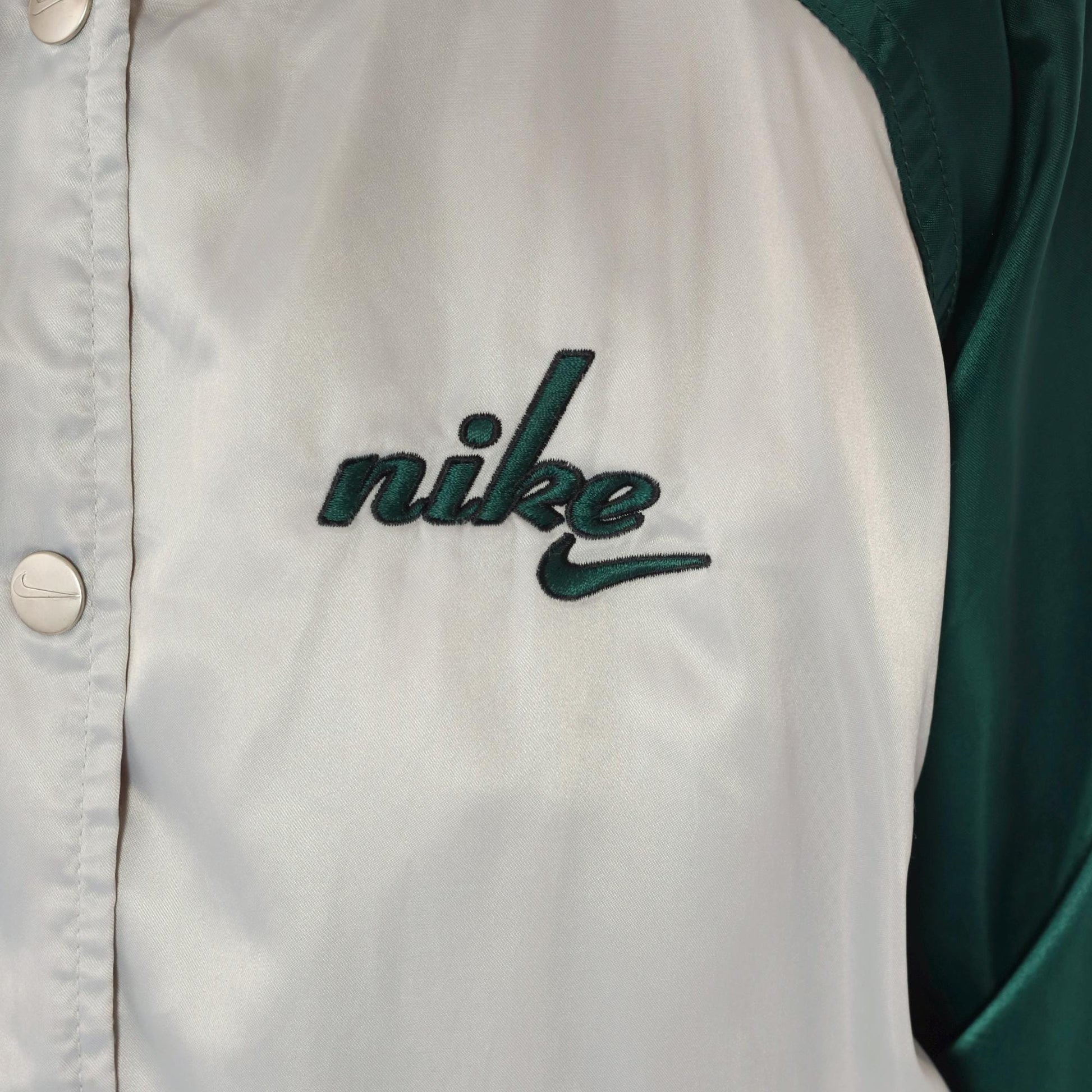 Y2K Nike Silver Satin Bomber Jacket Green Raglan Sleeve Small