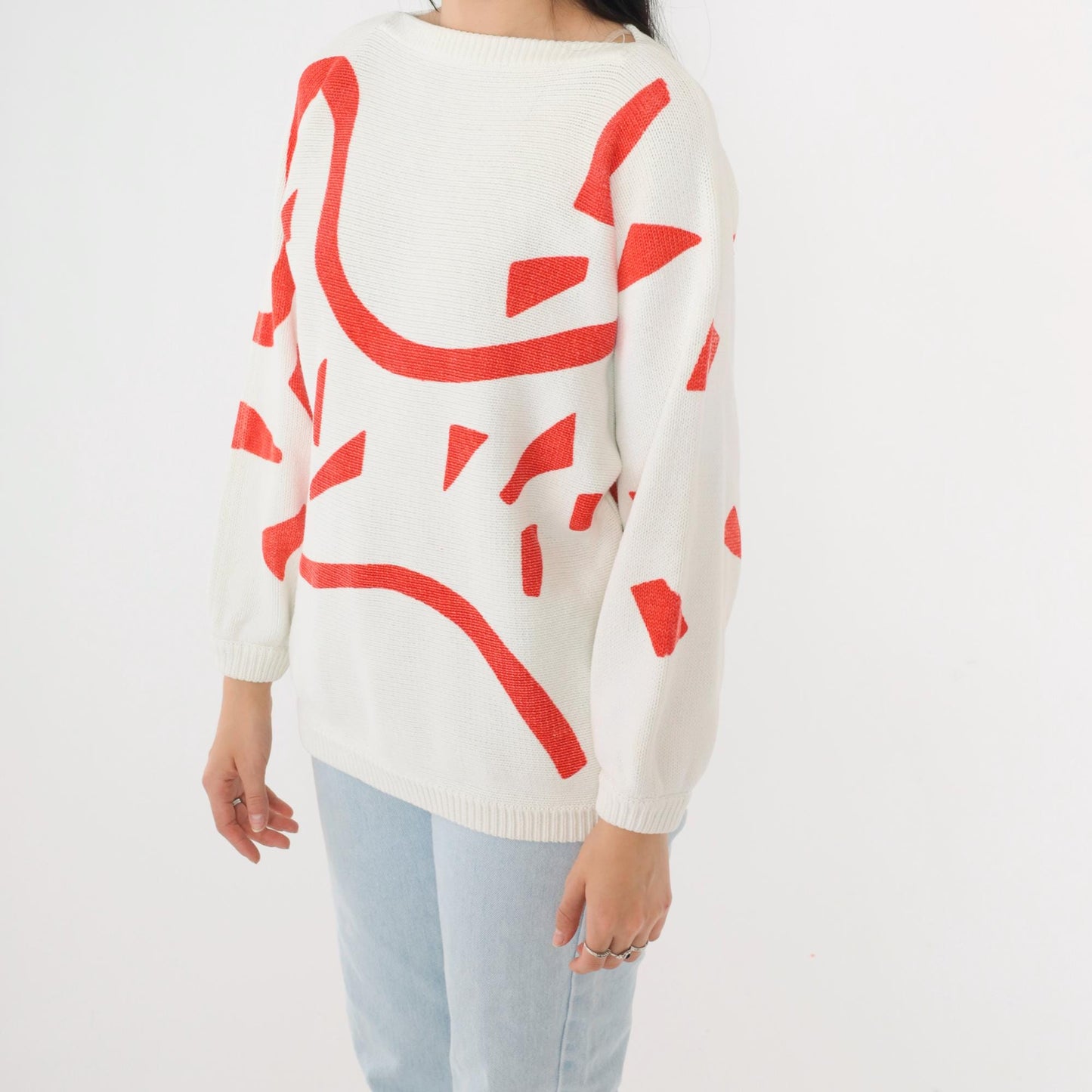 80s Richard & Co. Cotton Sweater Red Abstract Geometric Print Boatneck Small S
