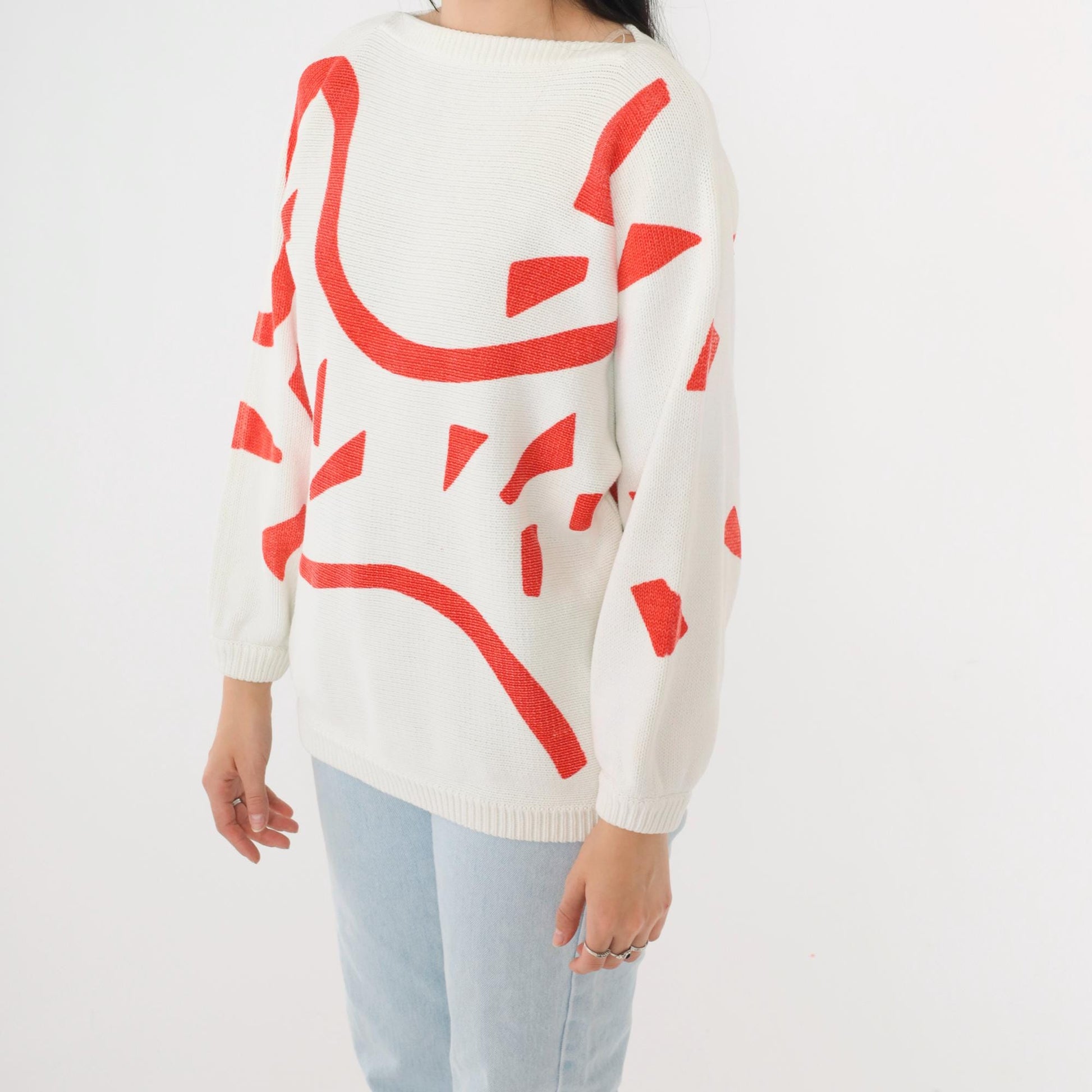 80s Richard & Co. Cotton Sweater Red Abstract Geometric Print Boatneck Small S