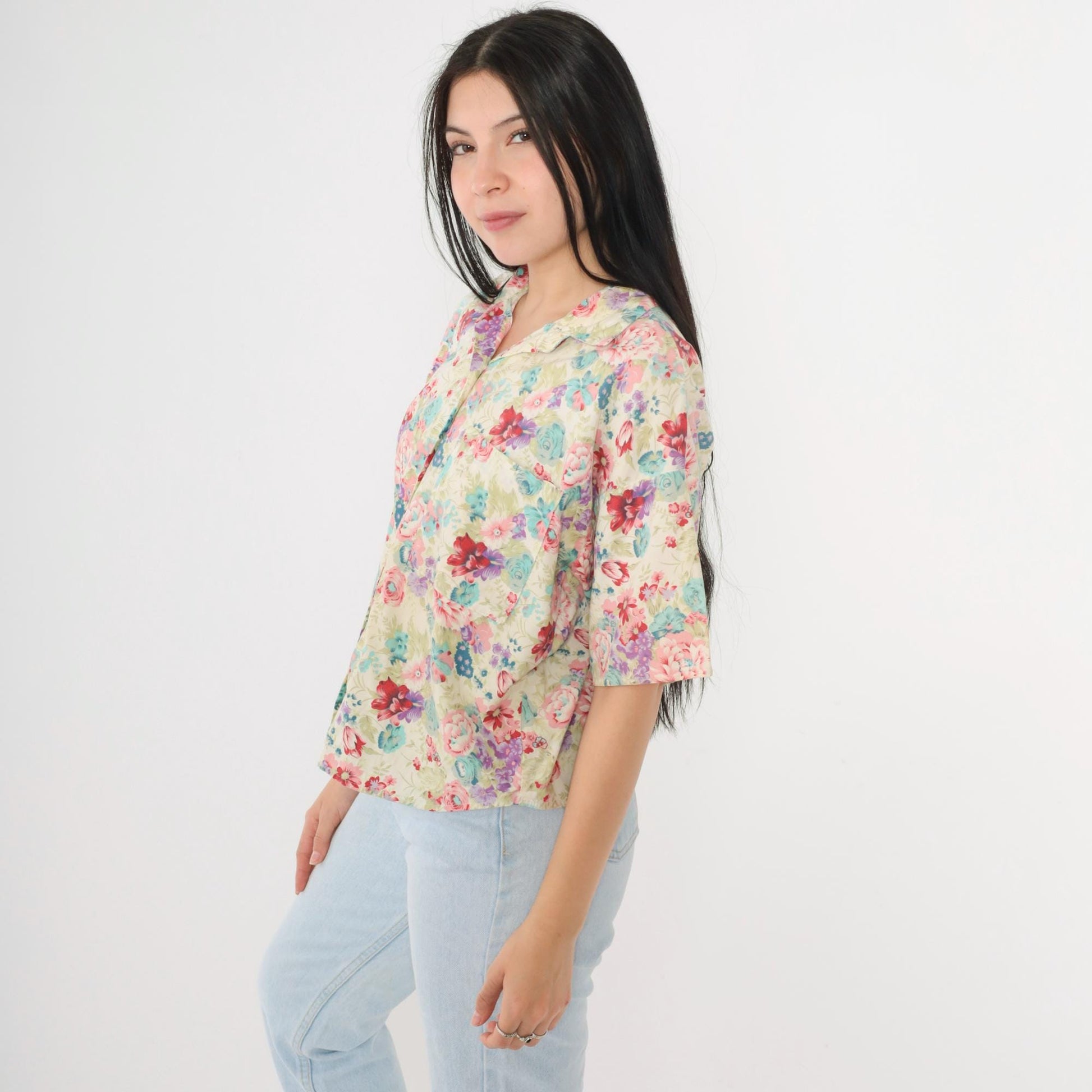 90s Judy Knapp Floral Button Up Blouse Pearl Cluster Off-White Pink Blue Small