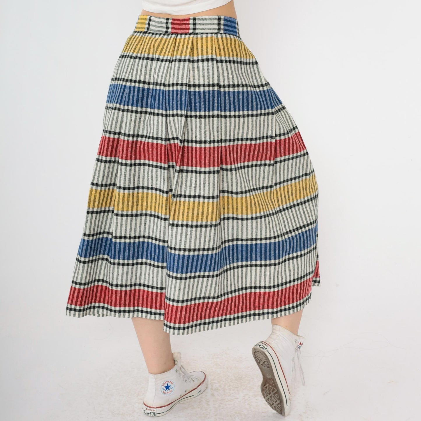 80s Striped Button-Up Midi Skirt High Waist Red Yellow Blue Small