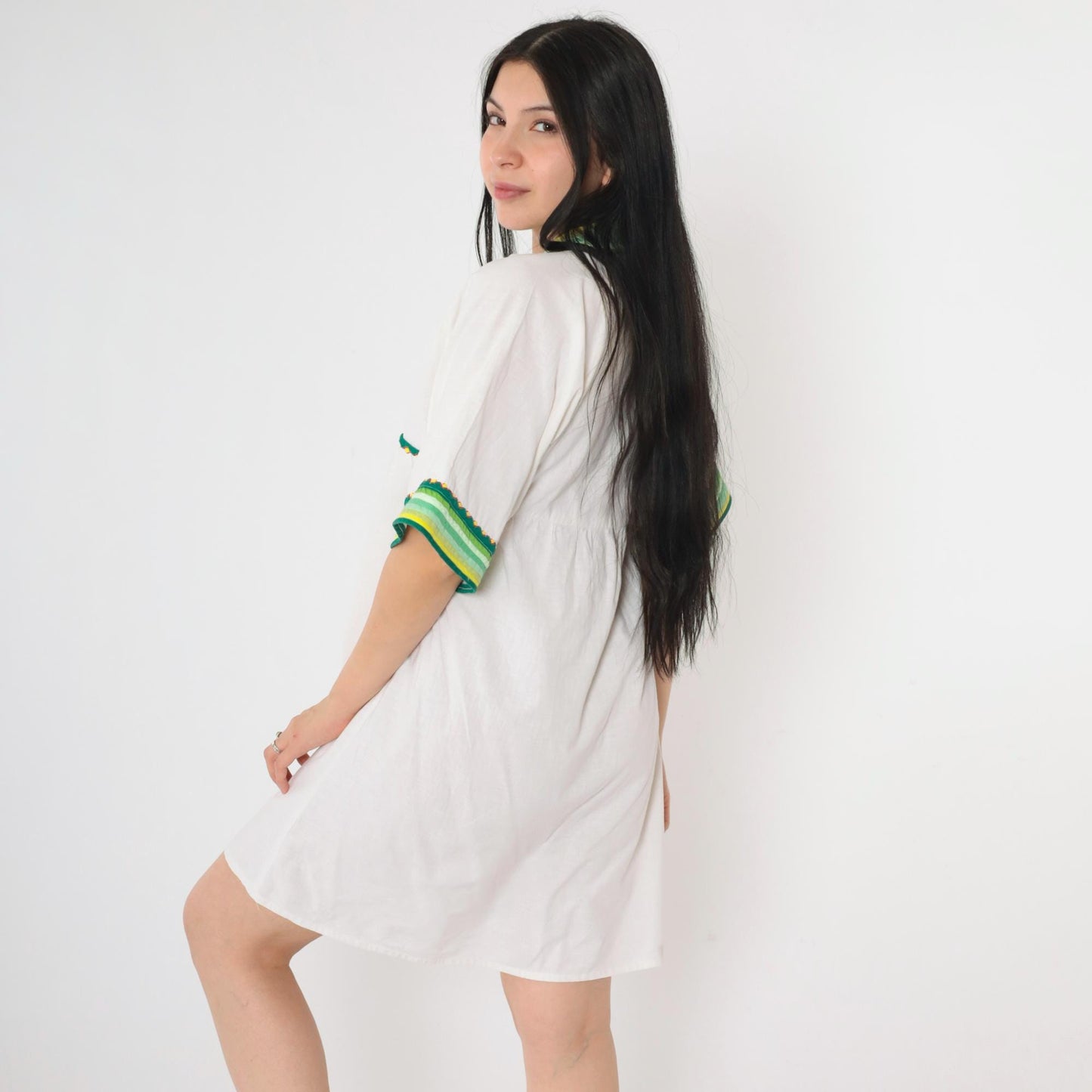 Y2K White Cotton Babydoll Dress Geometric Embroidery Empire Waist Small S