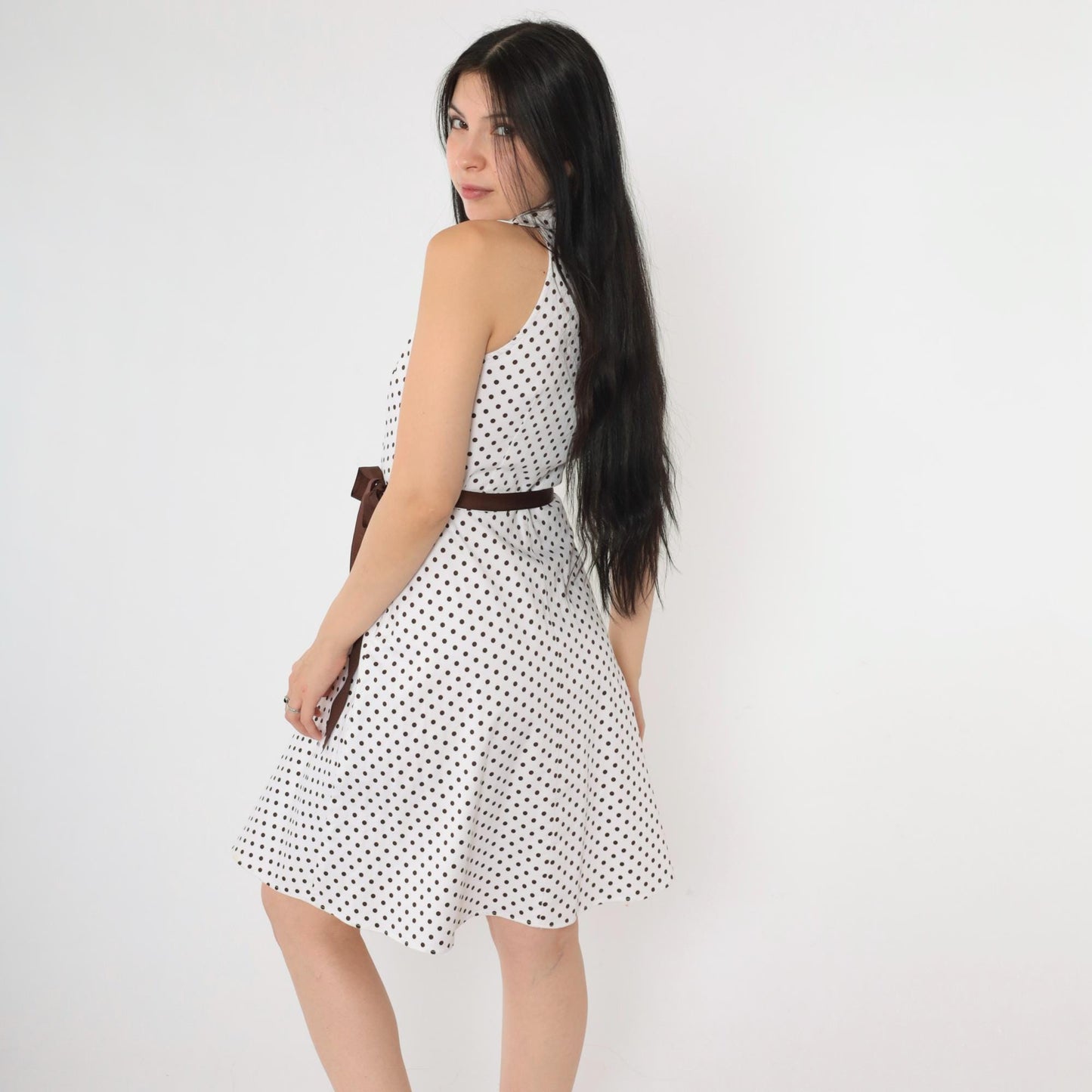 00s White Polka Dot Halter Mini Dress Brown Belt Button-Up Small 6