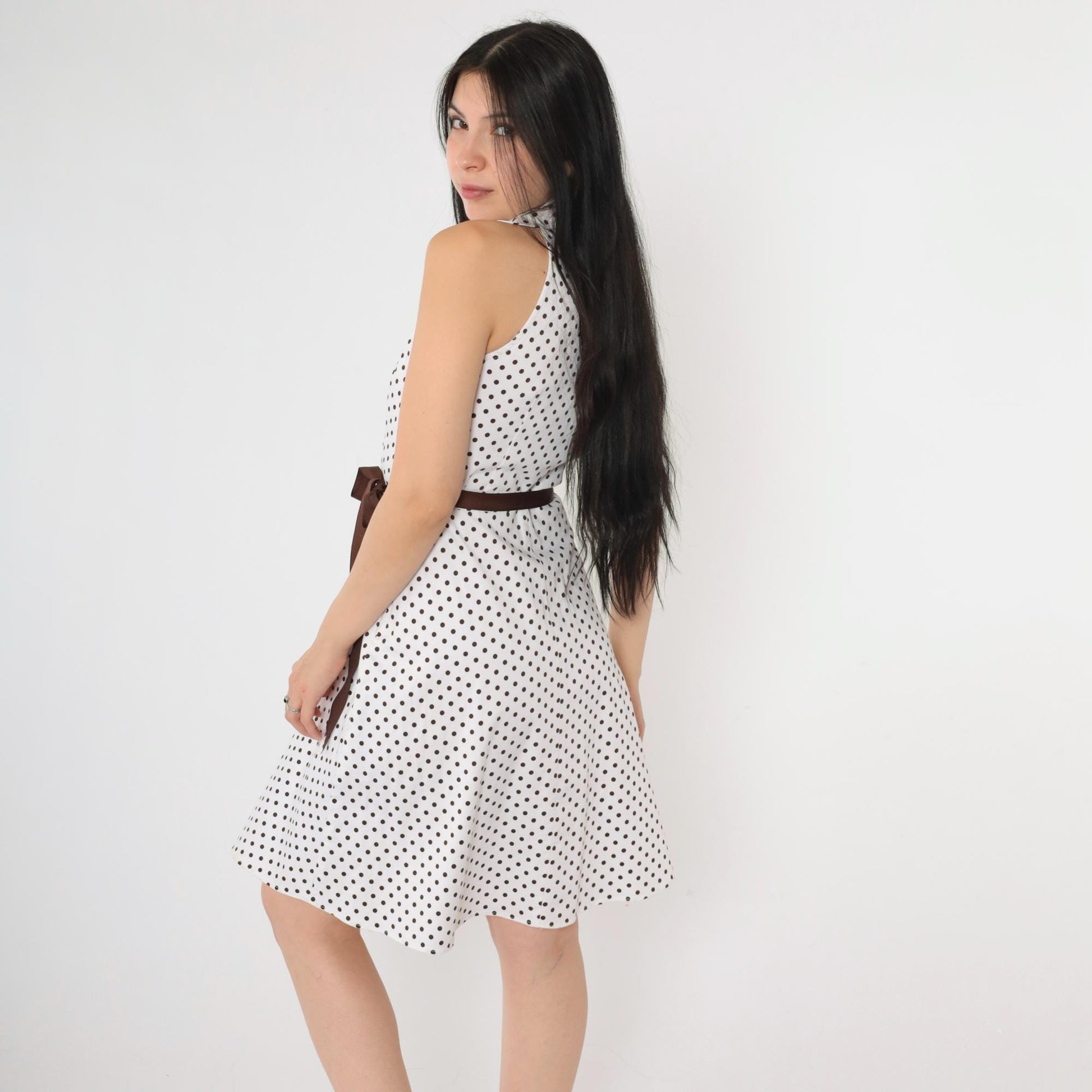 00s White Polka Dot Halter Mini Dress Brown Belt Button-Up Small 6
