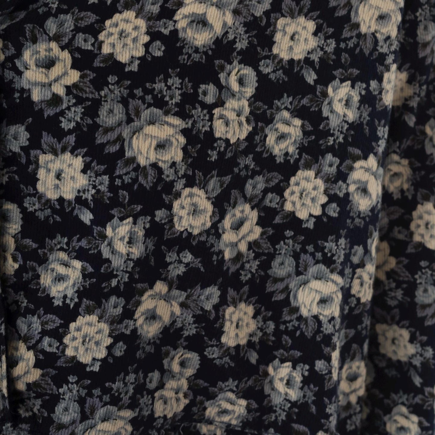 90s Navy Floral Button-Up Dress Corduroy Collar Long Sleeve Mini Extra Large