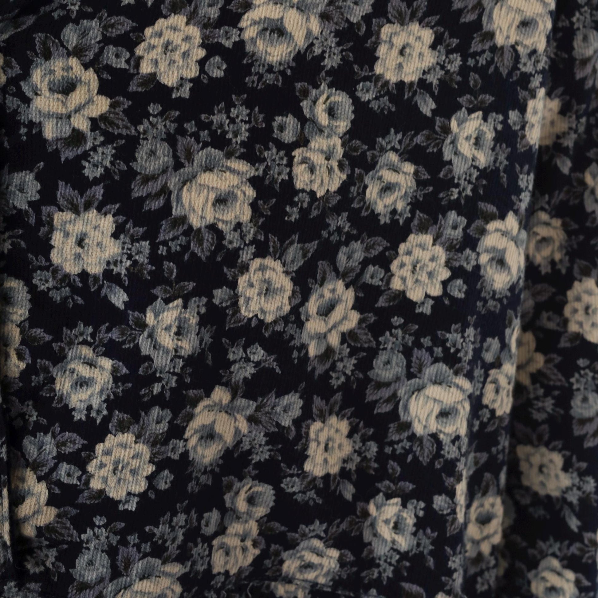 90s Navy Floral Button-Up Dress Corduroy Collar Long Sleeve Mini Extra Large