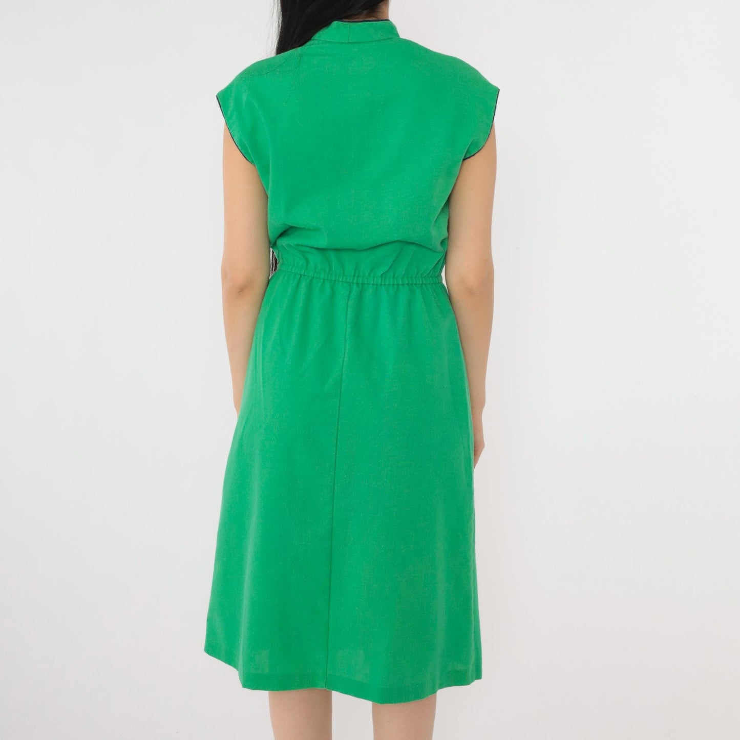 70s Green V-Neck Midi Dress Navy Trim Cap Sleeves A-Line Small