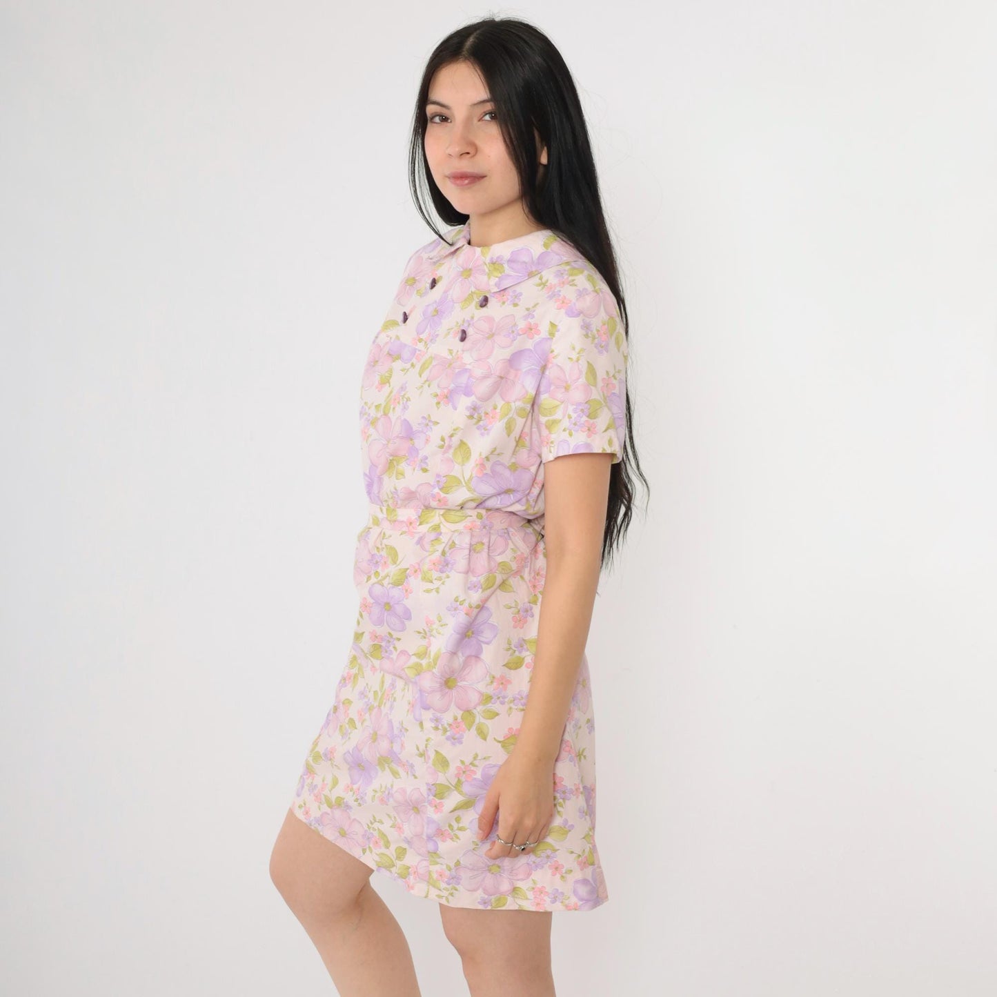 60s Floral Shift Mini Dress Pink Purple Short Sleeve Belted Medium M