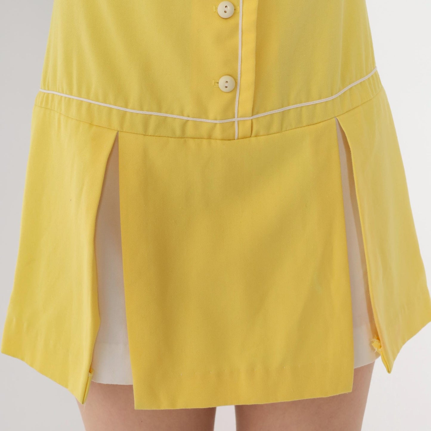 1960s Mod Yellow Mini Dress Drop Waist Button Front White Piping Small S