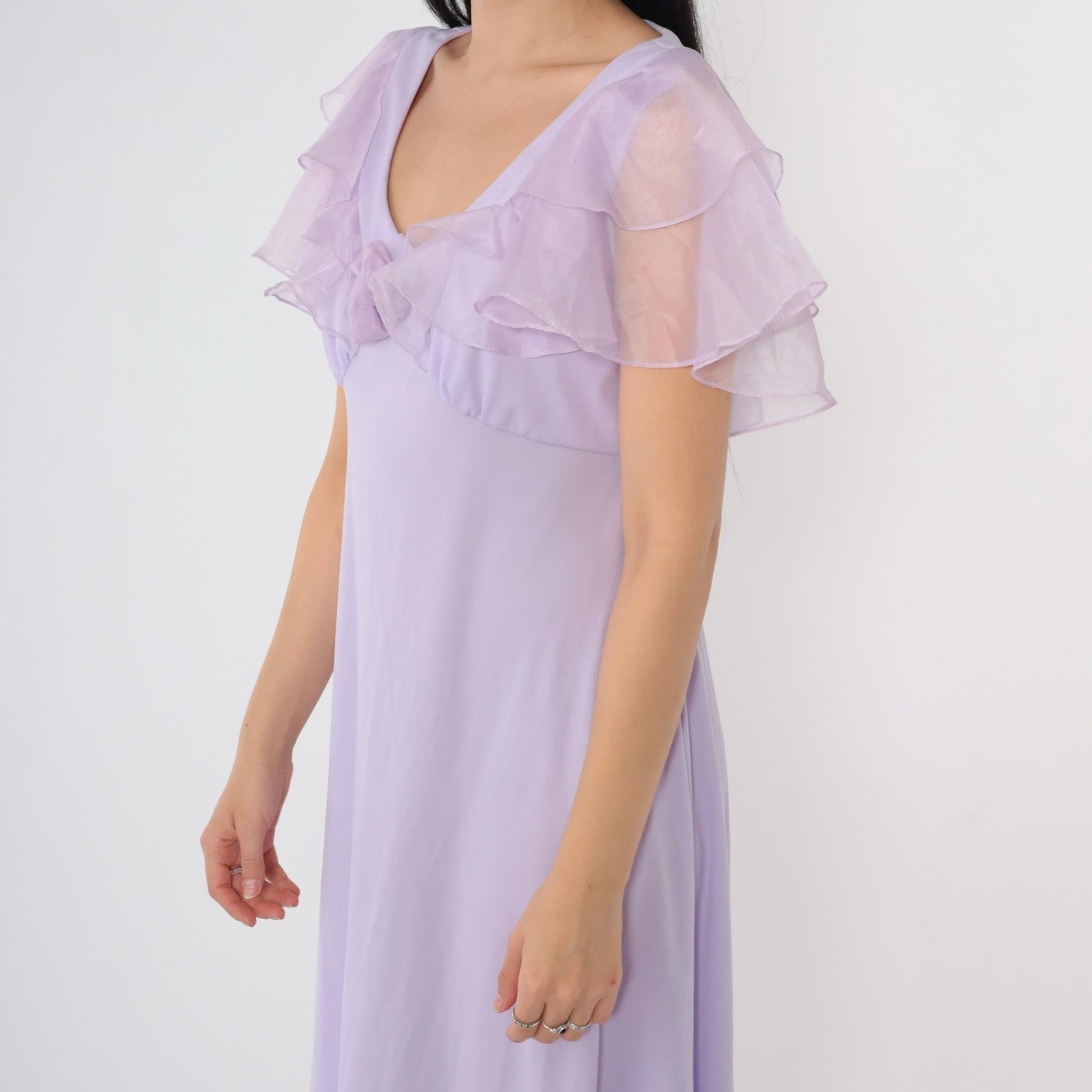 70s Lavender Organza Maxi Dress Flutter Sleeve Empire Waist Open Back Small