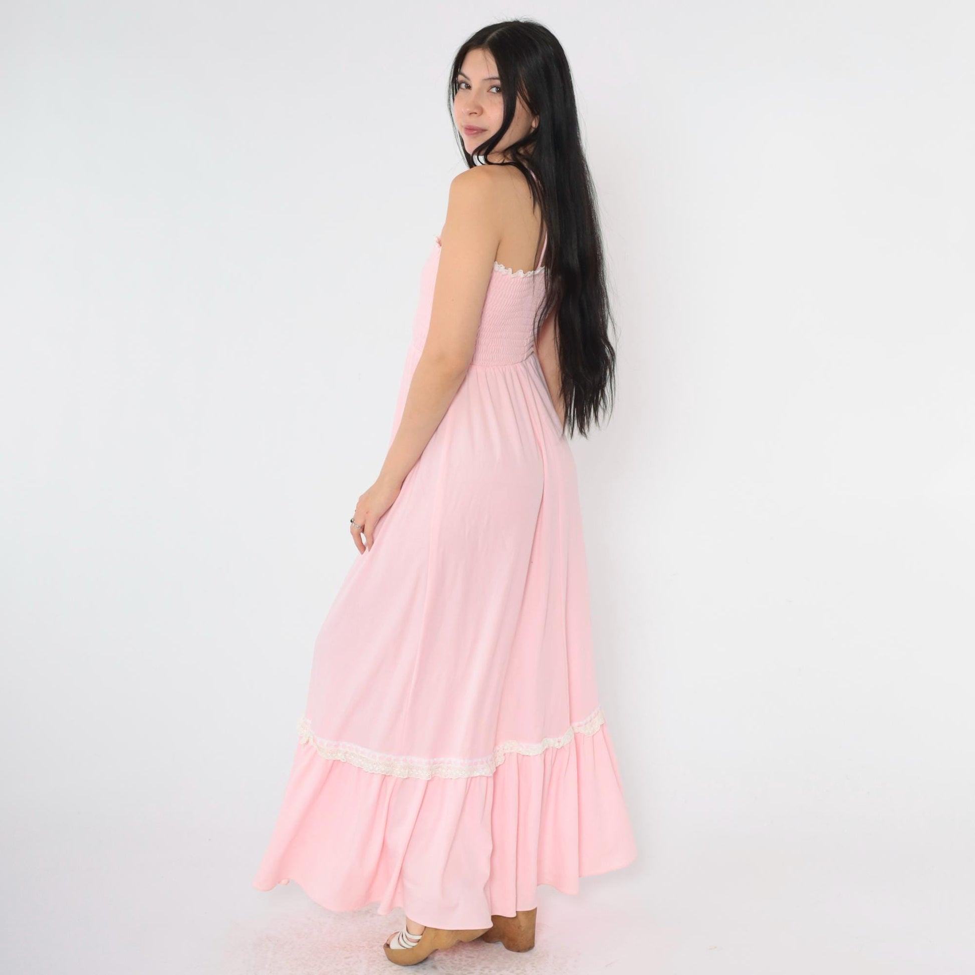 70s Baby Pink Maxi Sundress Smocked High Waist Spaghetti Strap Extra Small