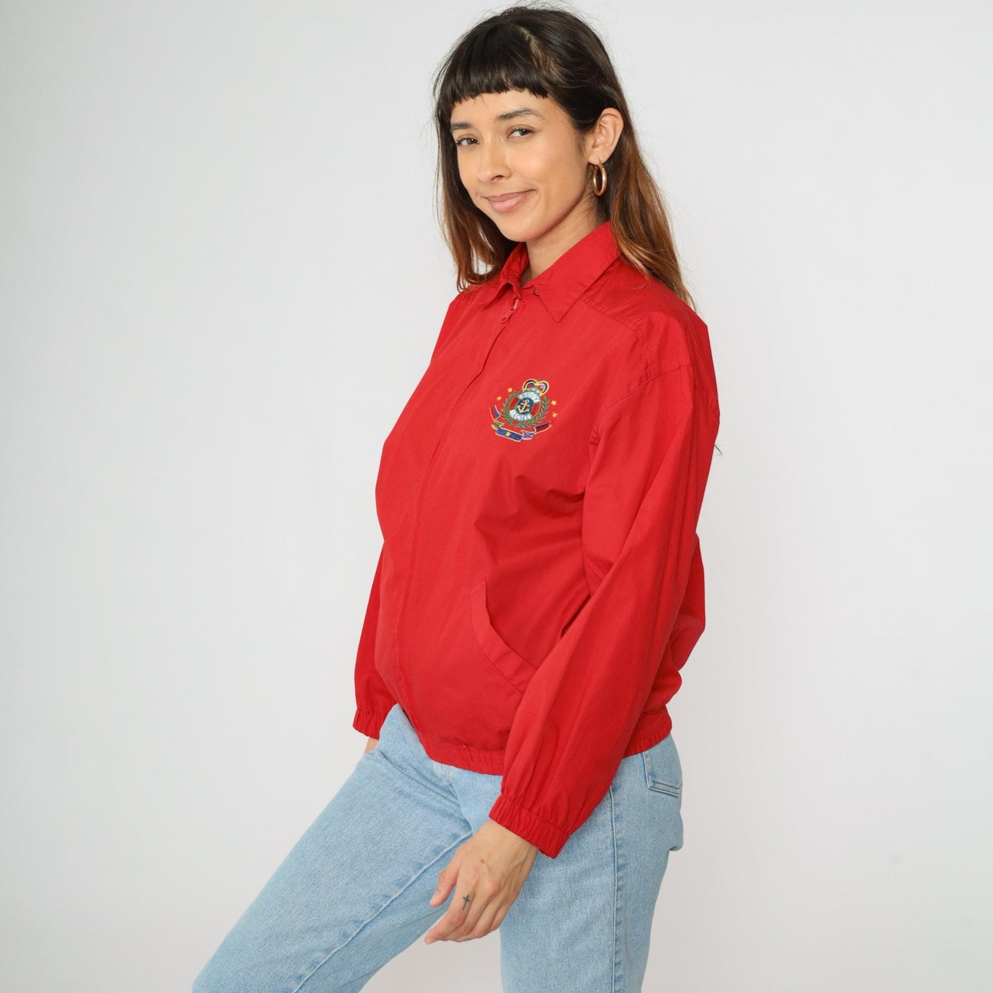 90s Jantzen Nautical Windbreaker Jacket Red Embroidered Crest Medium M