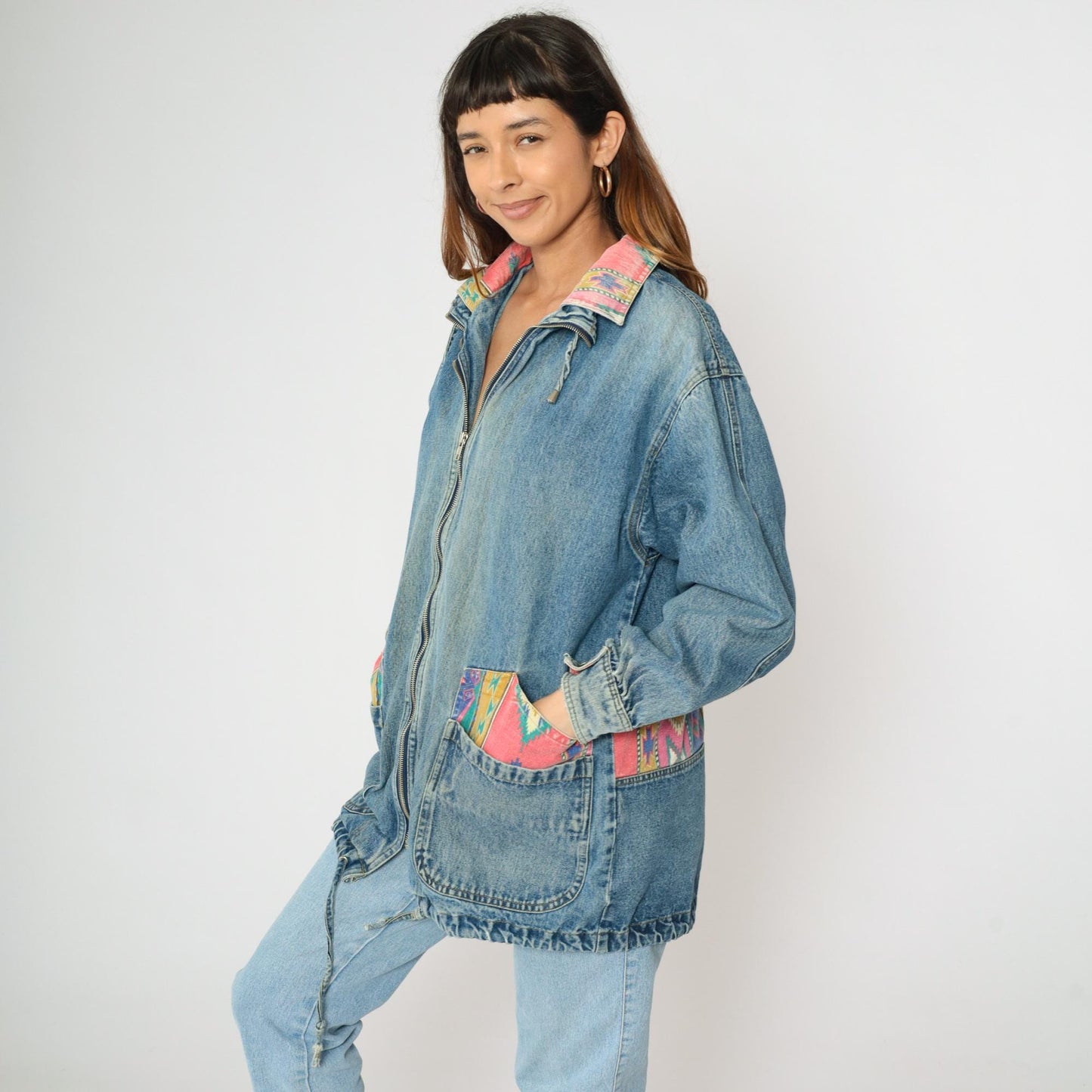 90s Southwestern Denim Jacket Blue Aztec Patch Jean Coat Medium M
