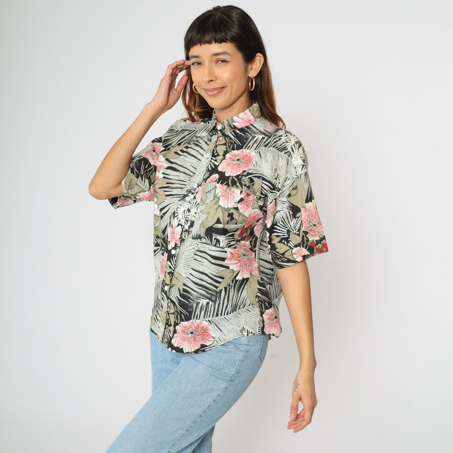 90s Tropical Floral Button Up Blouse Short Sleeve Black Grey Red Large