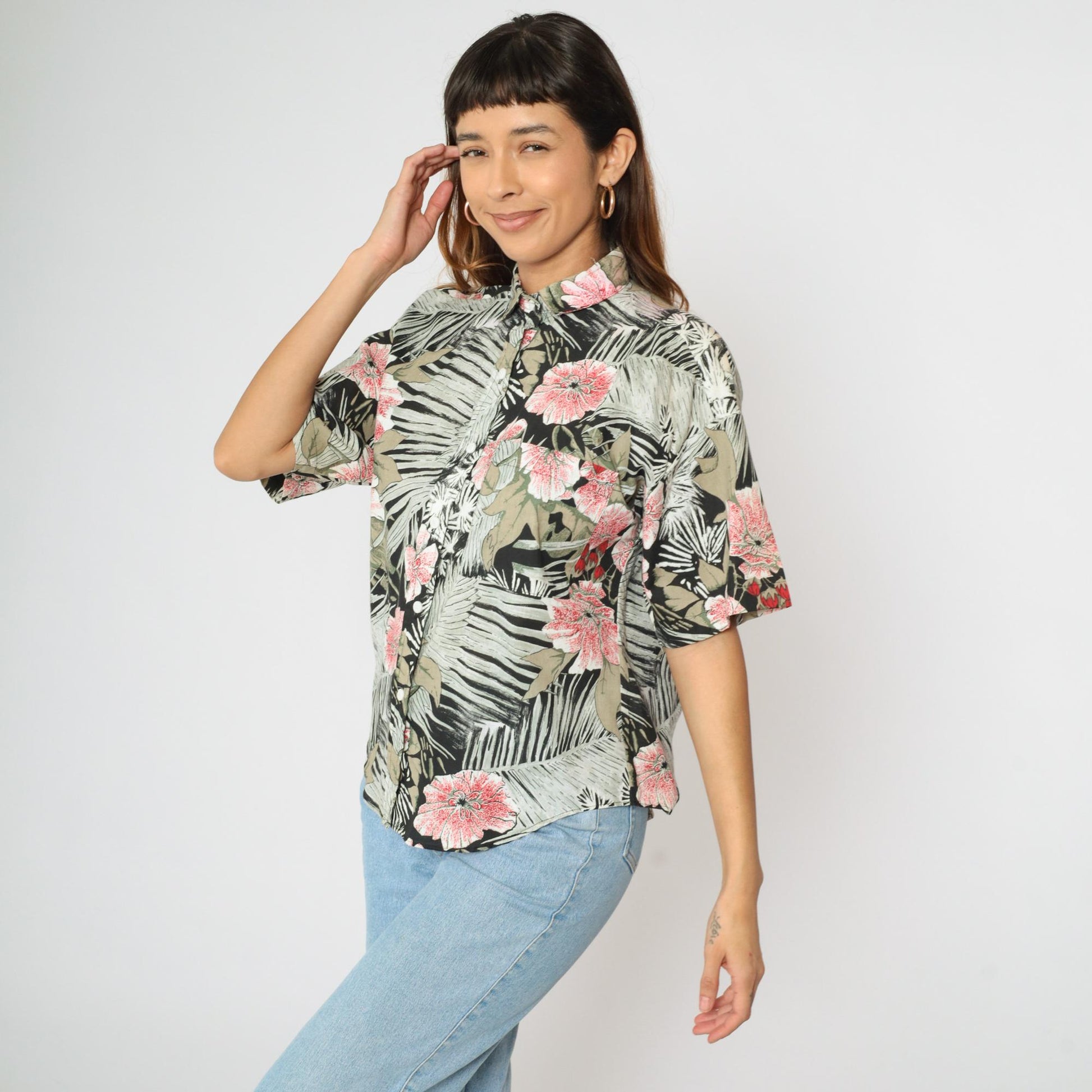 90s Tropical Floral Button Up Blouse Short Sleeve Black Grey Red Large