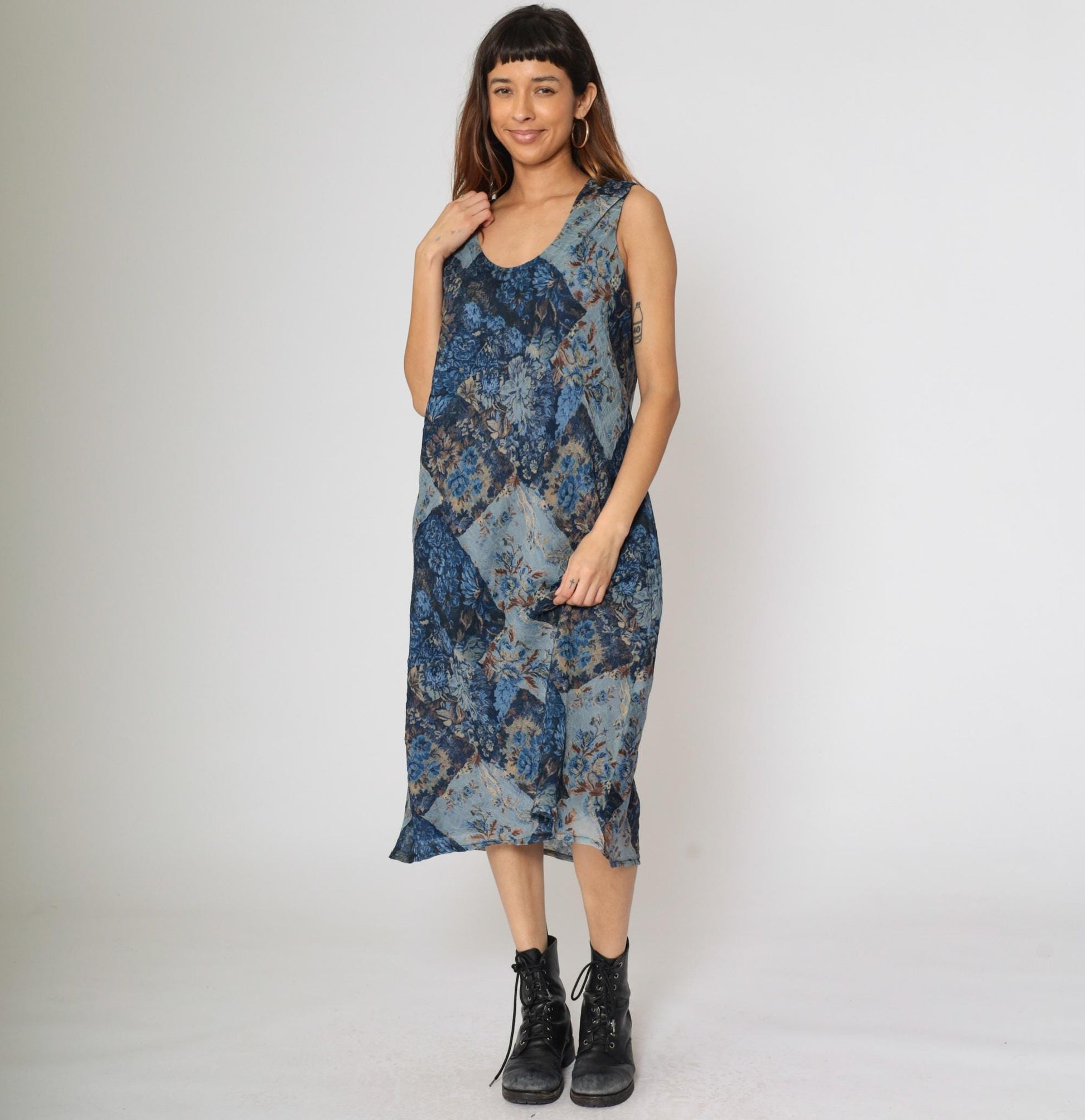 90s K Studio Patchwork Floral Midi Dress Blue Sleeveless Scoop Neck Size 18