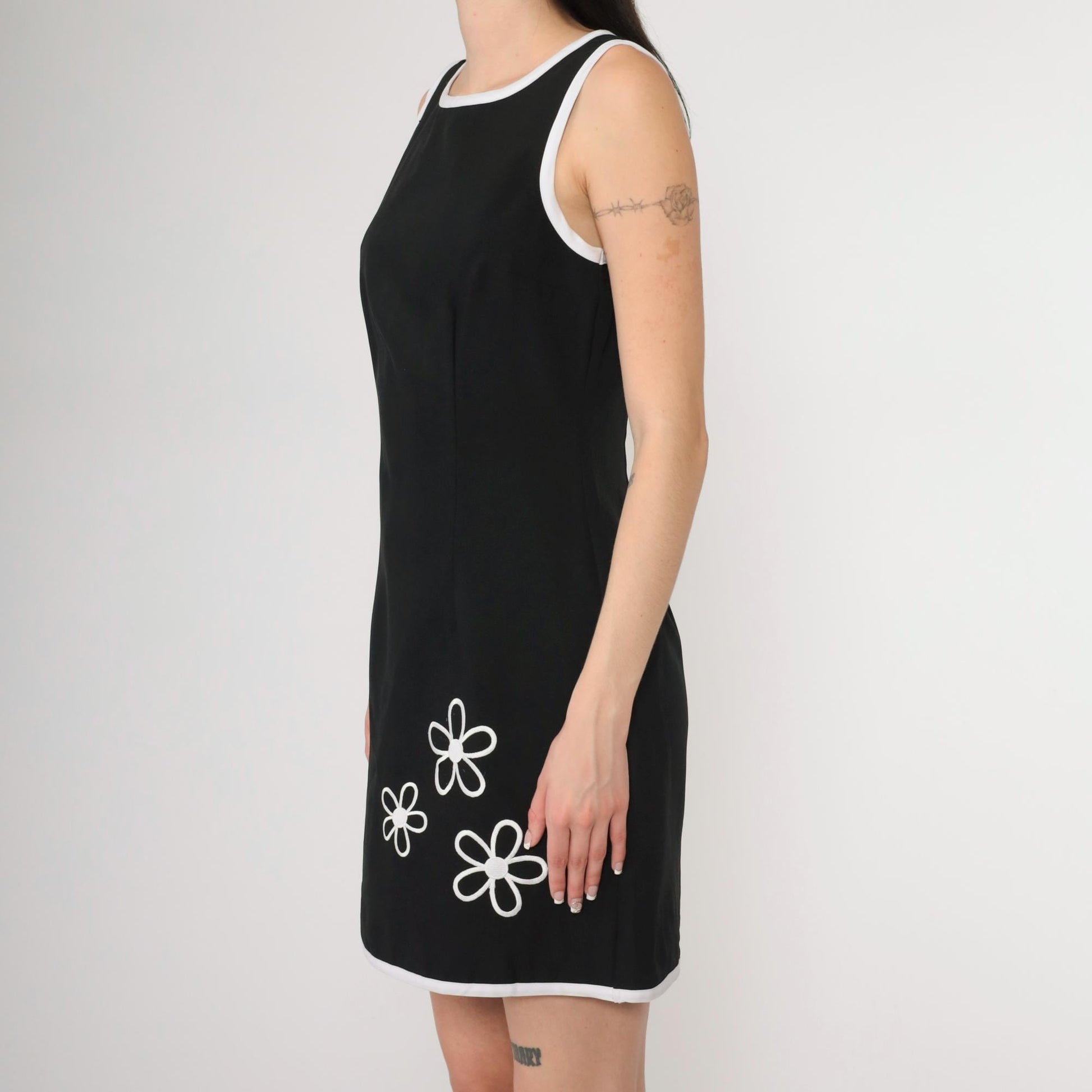 90s Iz California Black Floral Mini Dress Sleeveless White Print Small