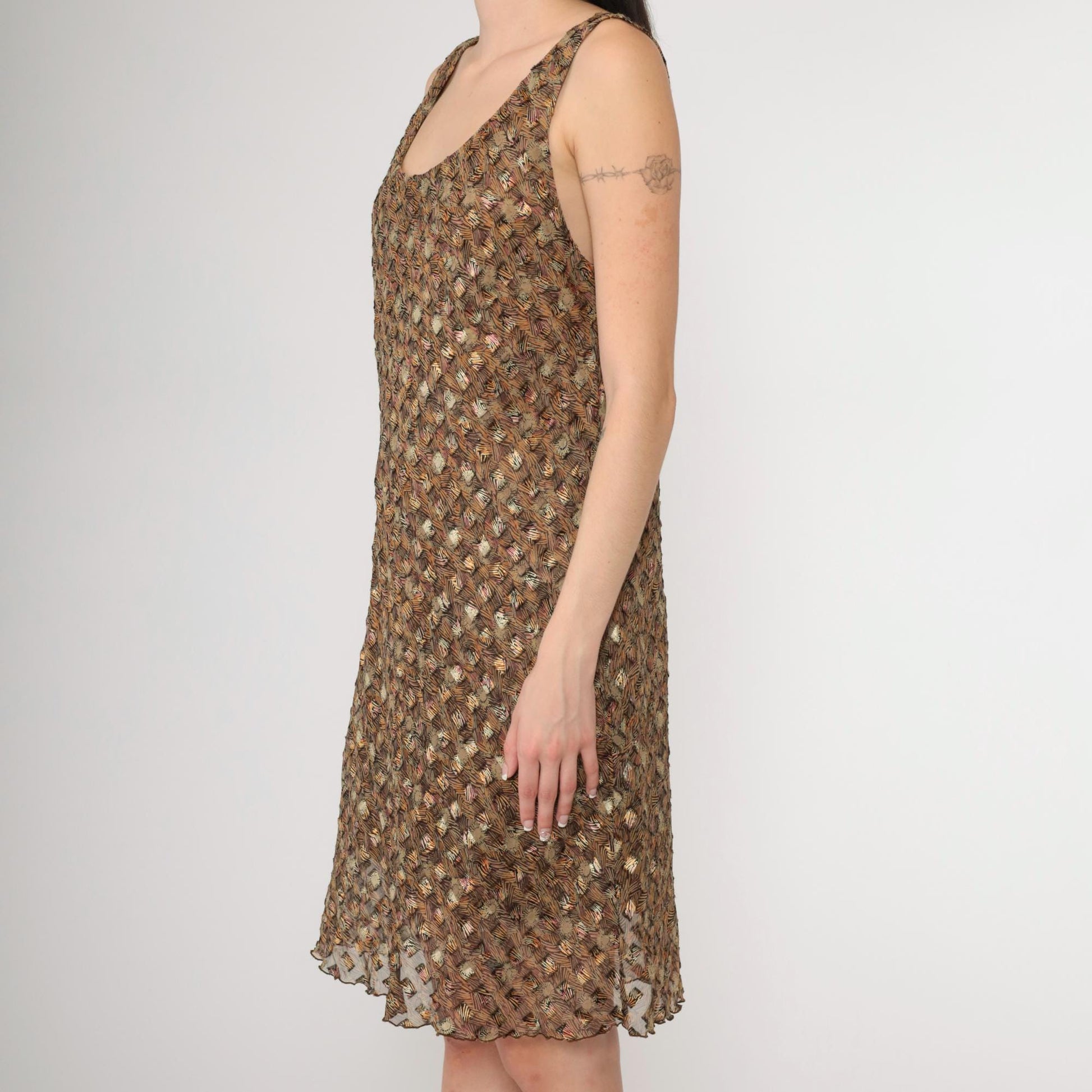 90s Sheer Metallic Floral Abstract Chiffon Mini Dress Scoop Neck Sleeveless Large L