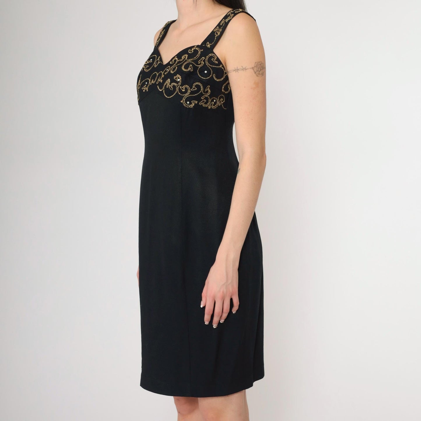90s Black Mini Dress Gold Soutache Rhinestone Empire Waist Sweetheart Small
