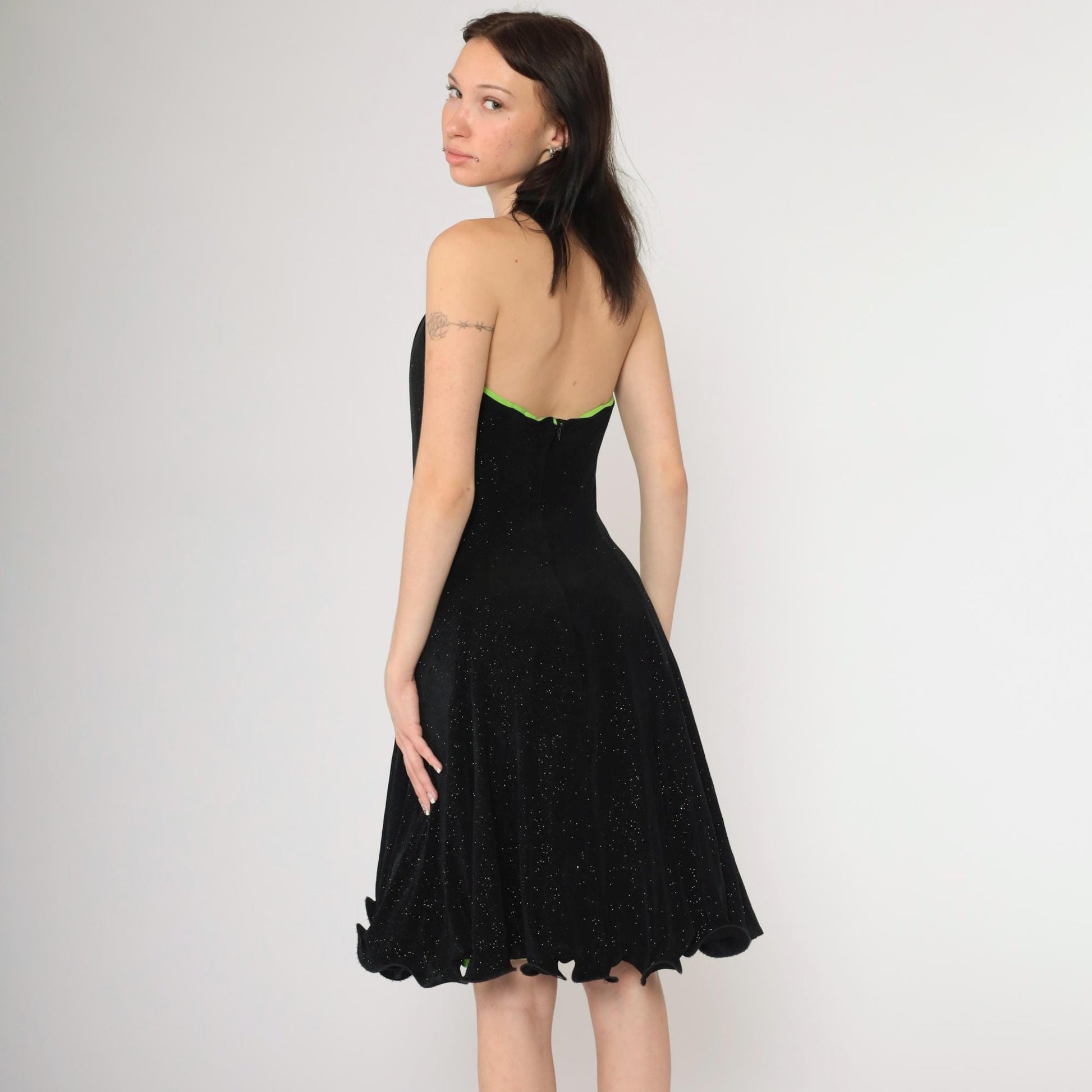 90s Black Glitter Halter Dress Lime Green Lining Knee Length Small