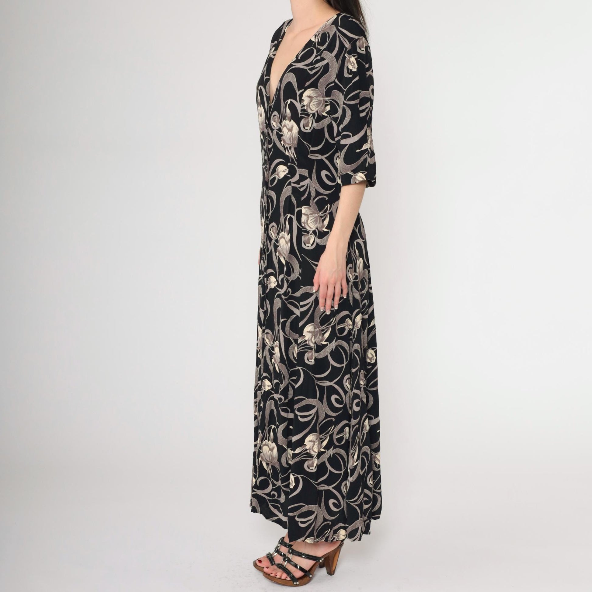 90s Express Black Floral Maxi Dress Tulip Swirl Print V-Neck Short Sleeve Medium Large