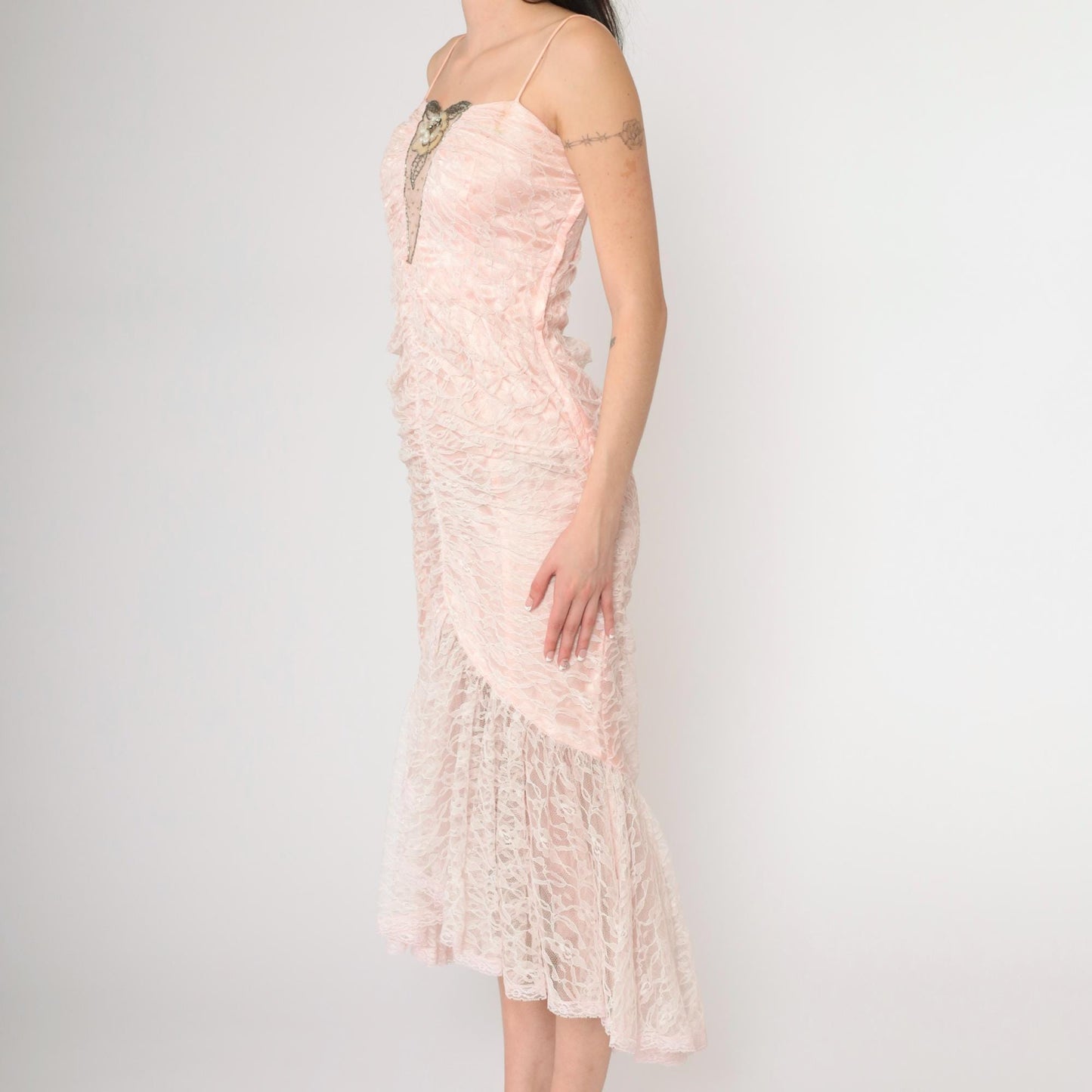 80s Pink Lace Beaded Sequin Evening Dress Sweetheart Neckline Spaghetti Strap Extra Small