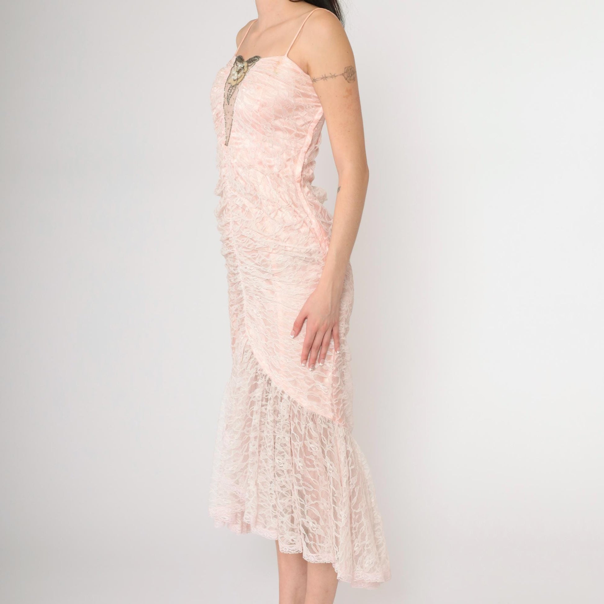 80s Pink Lace Beaded Sequin Evening Dress Sweetheart Neckline Spaghetti Strap Extra Small