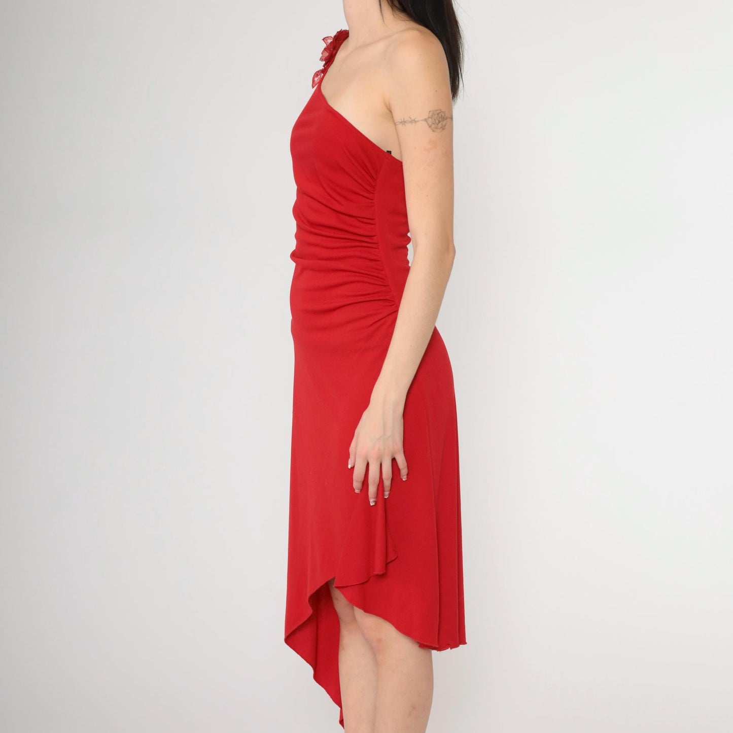 90s Red One-Shoulder Midi Dress Y2K Beaded Flower Asymmetrical Medium M
