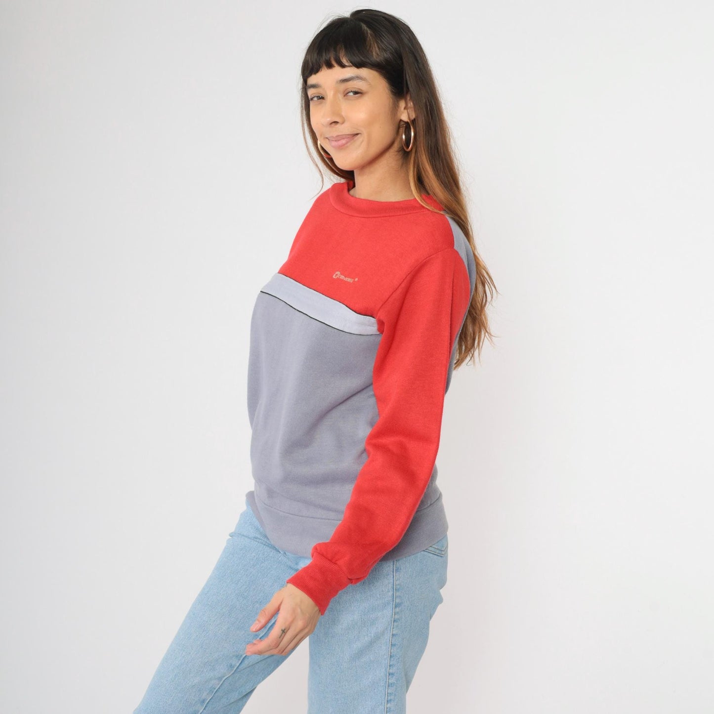 80s Converse Striped Sweatshirt Red Grey Color Block Crewneck Medium