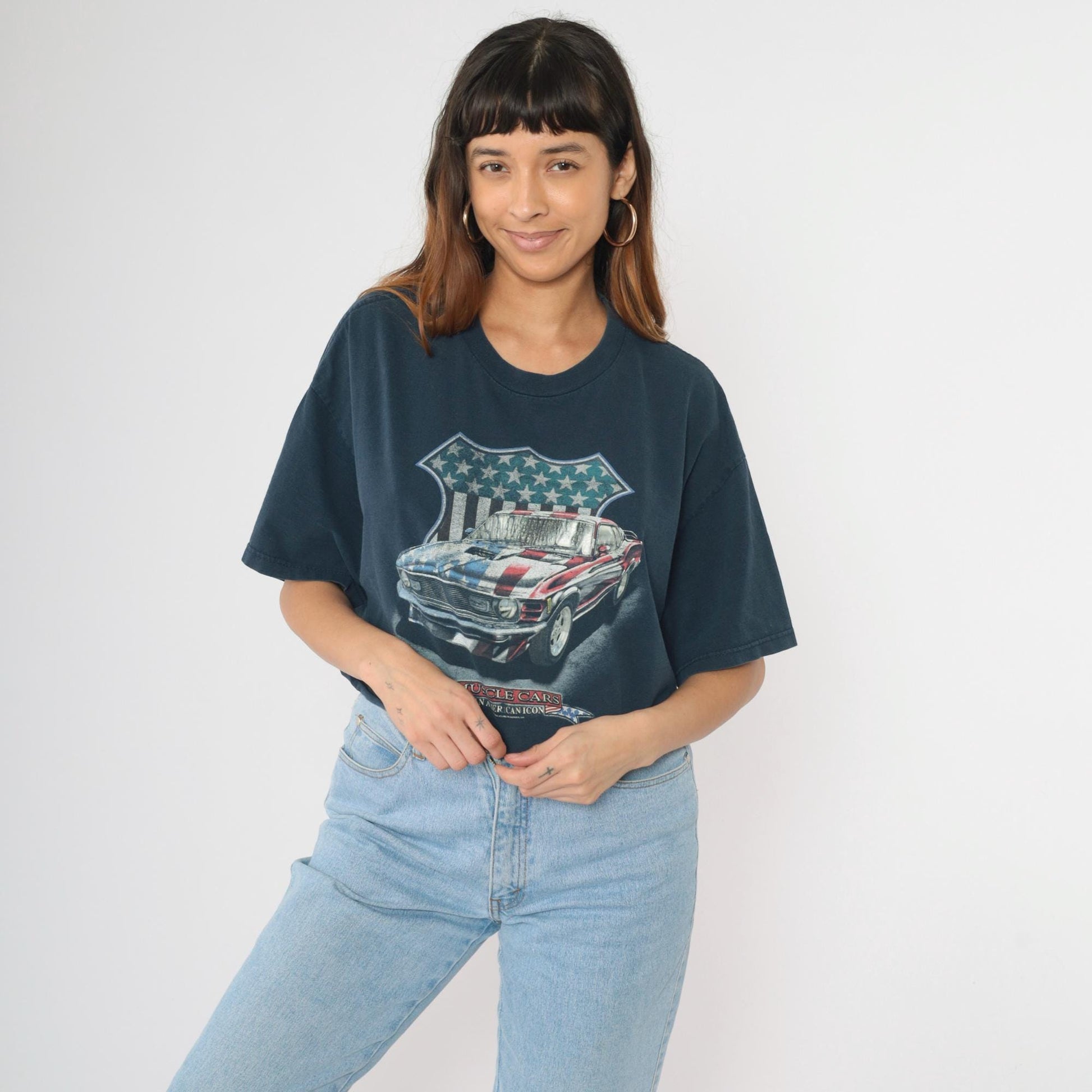 Y2K Muscle Cars American Icon Graphic Crop Top Navy Cotton Extra Large XL
