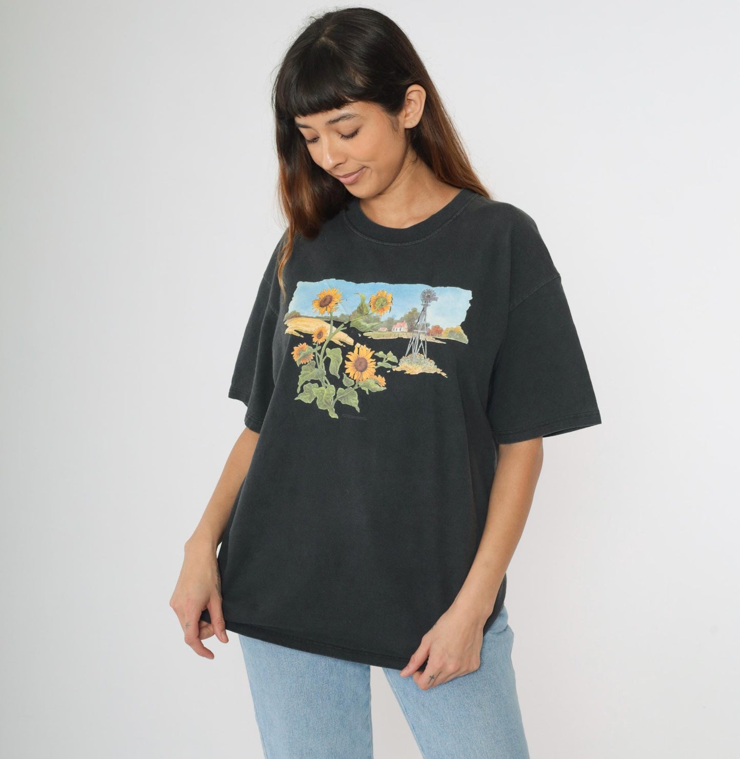 Y2K Farm Windmill Sunflower Graphic T-Shirt Black Cotton Crewneck Medium